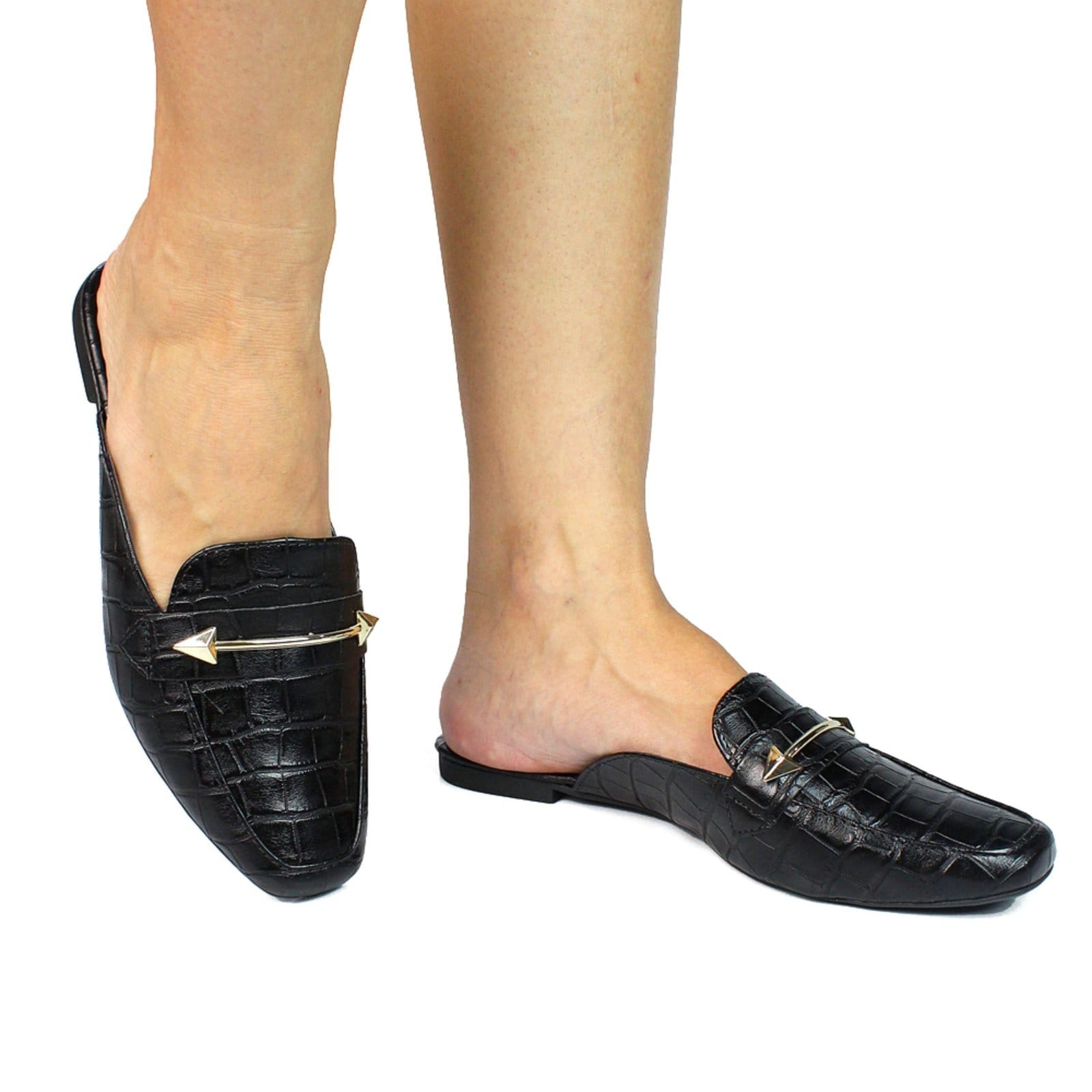 Vista 2 Sapato Mule Feminino CM Calçados Bico Quadrado Confort Croco Monte Shoes preto