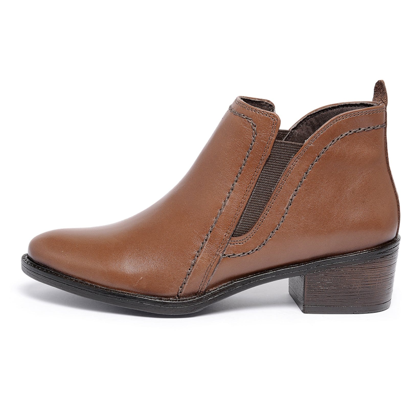 Bota Cano Curto Feminina Ferrile em Couro Salto Bloco Elástico Café