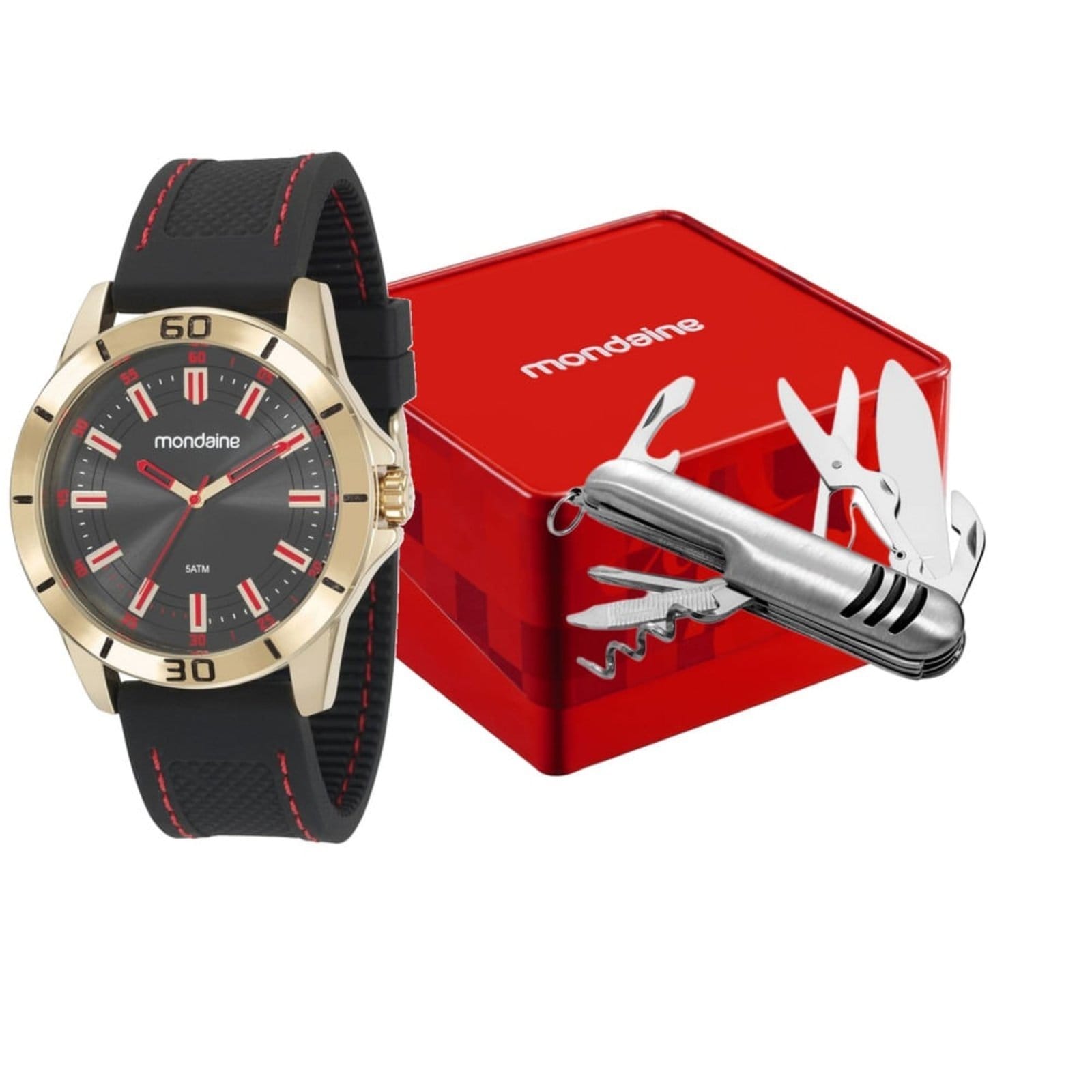 Kit Relógio Masculino Dourado Com Canivete Multifuncional