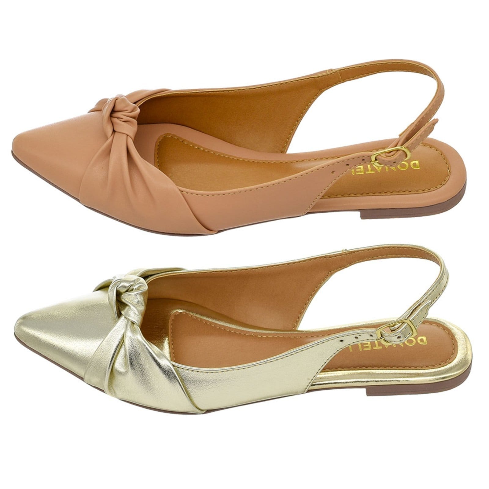 Kit 2 Pares Sapatilha Feminina Bico Fino Mule Slingback CM Calçados Nó Ouro Light e Nude