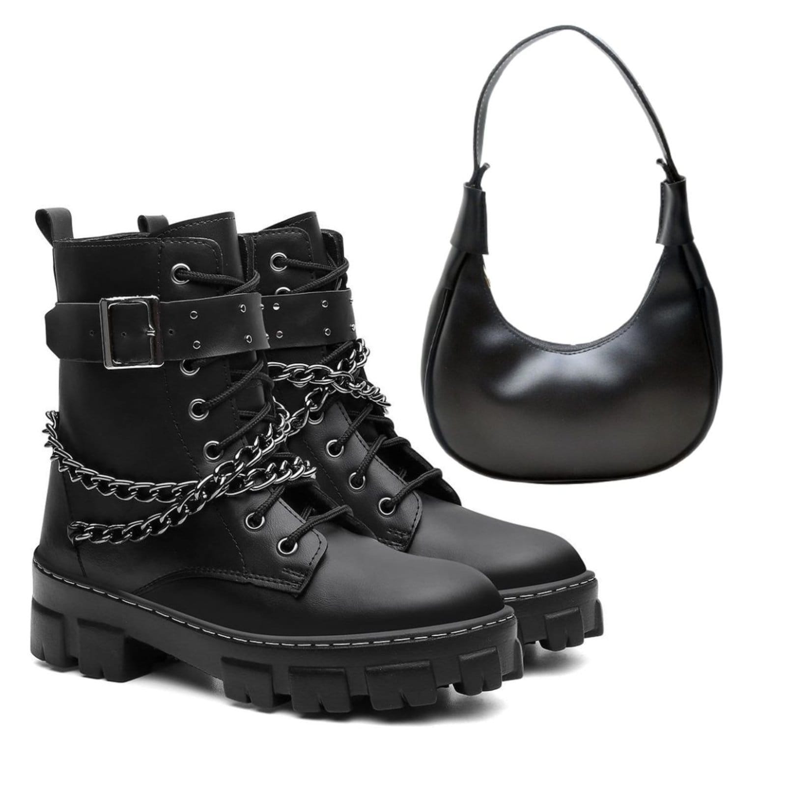 Vista principal Kit Bota Feminina Coturno Anna Andrade Tratorado Casual Cano Baixo Corrente Tendência e Bolsa Anna Andrade preto