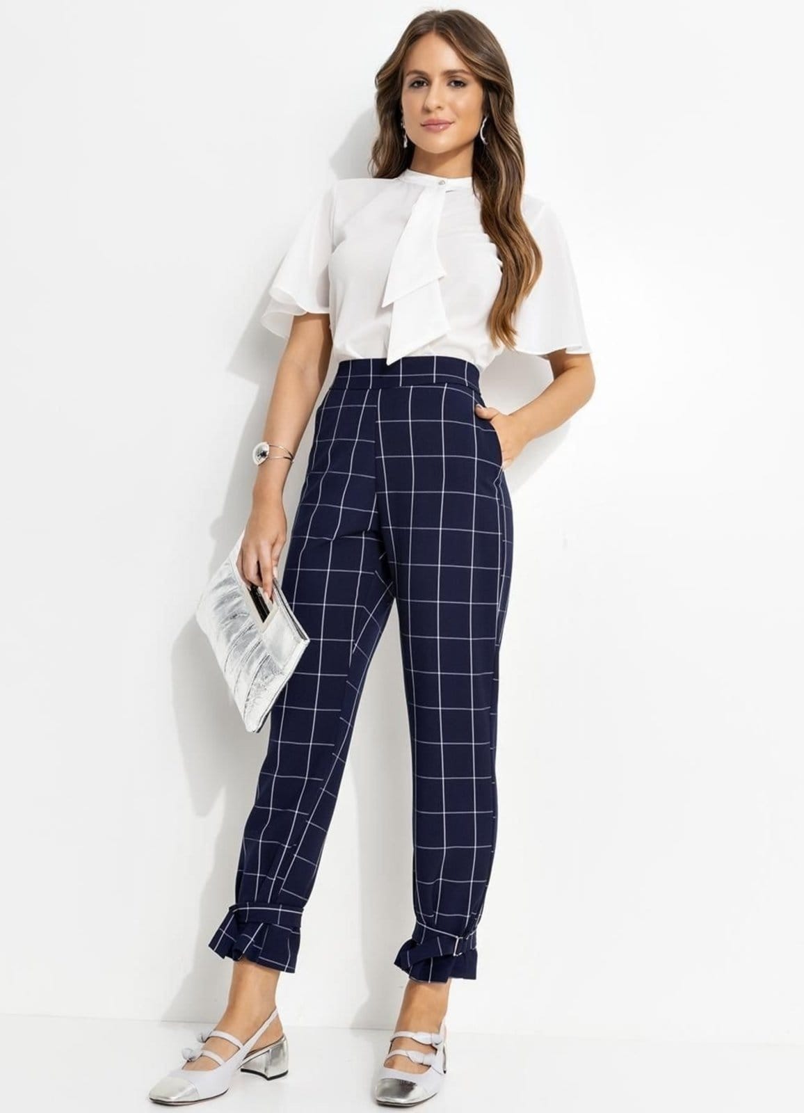 Calça Em Tecido De Alfaiataria Xadrez Grid