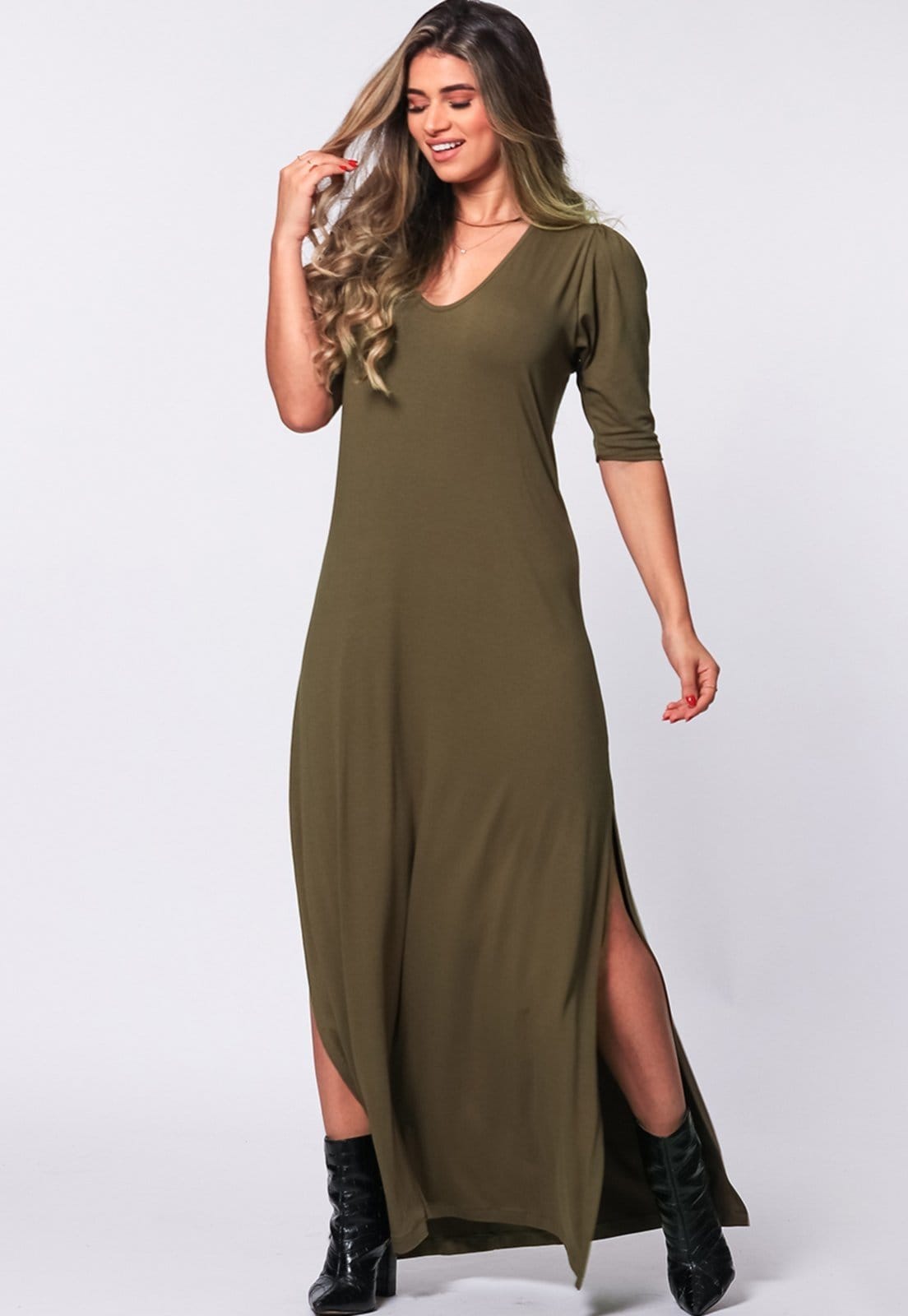 Vista 2 Vestido Longo Fenda Lateral B’Bonnie Tiana Militar BBonnie verde