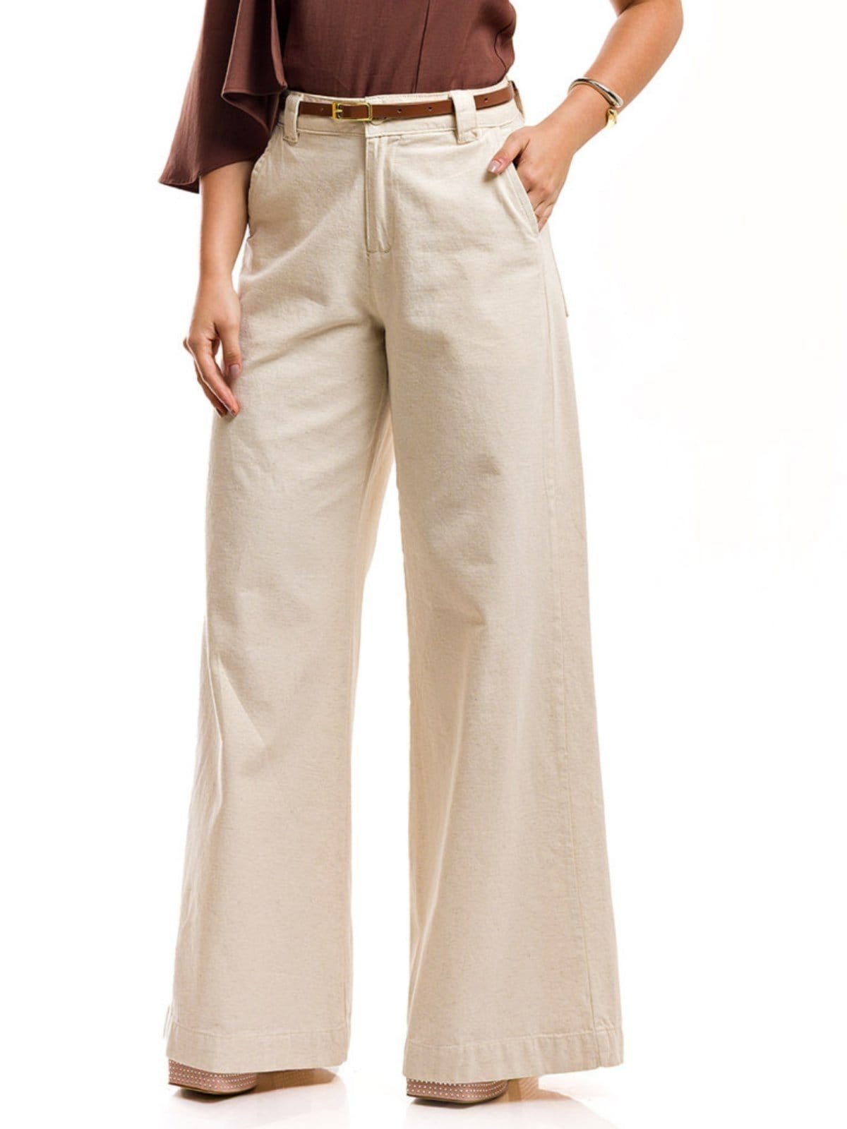 Vista 2 Calça Restrito Jeans Super Pantalona de Linho com Cinto Restrito Jeans bege