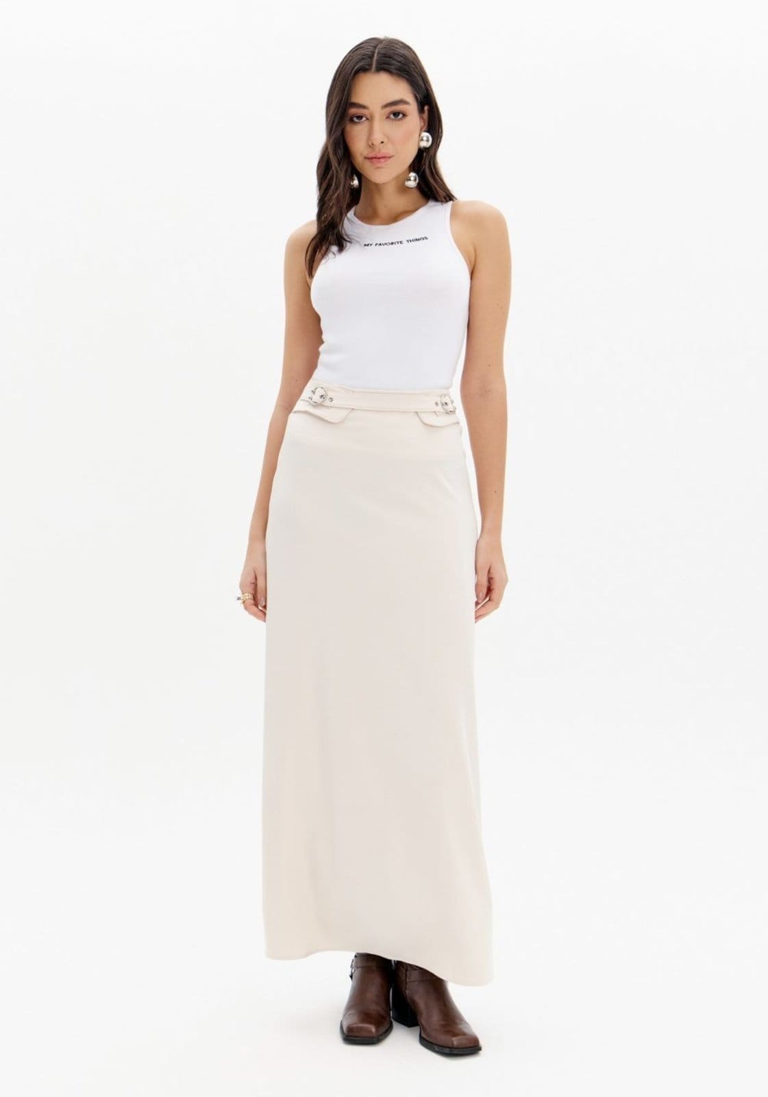 Saia Super Midi Evasê Com Fivelas