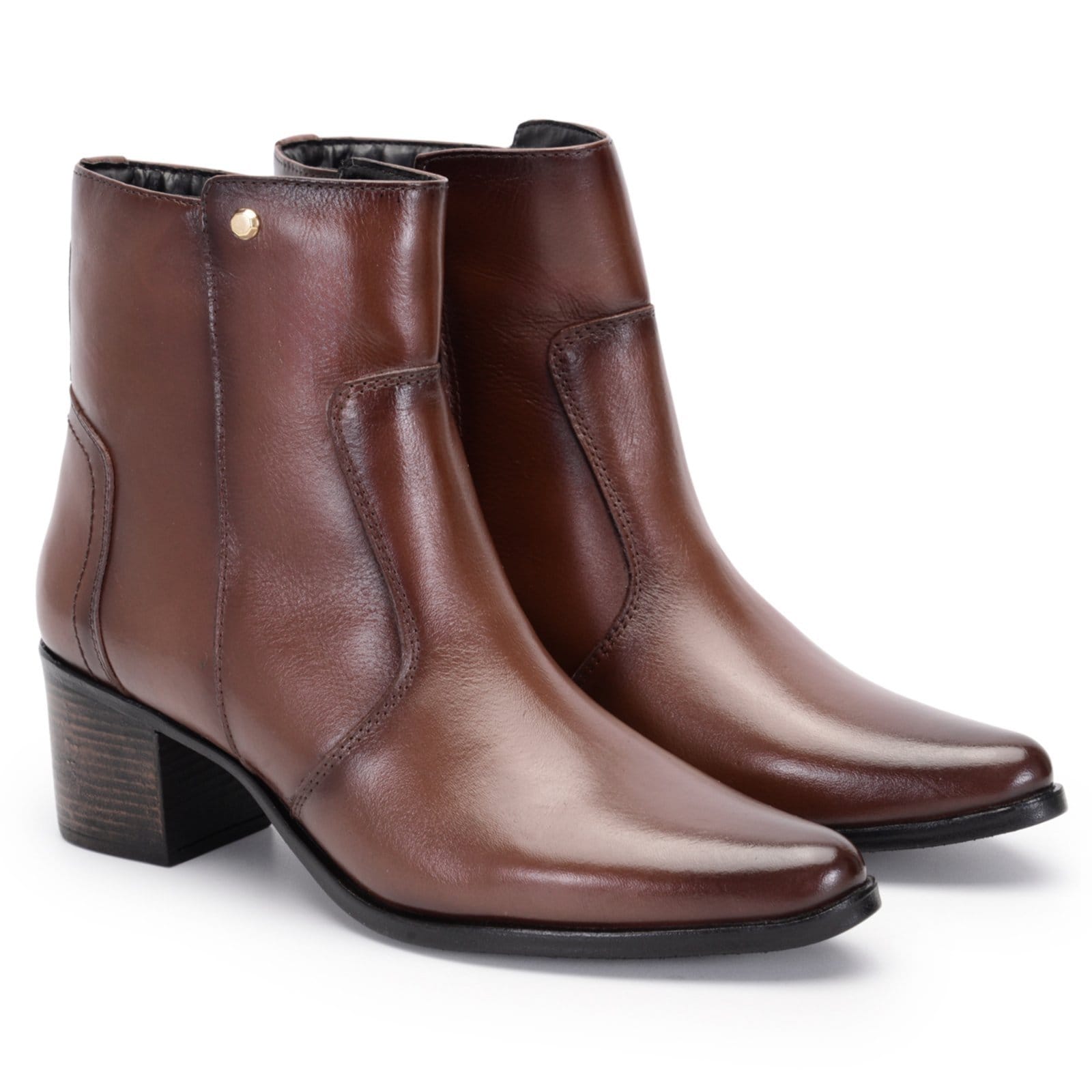 Vista 2 Bota Feminina Ferrile Bico Fino Cano Curto Salto Bloco Café 5502 Ferrile marrom