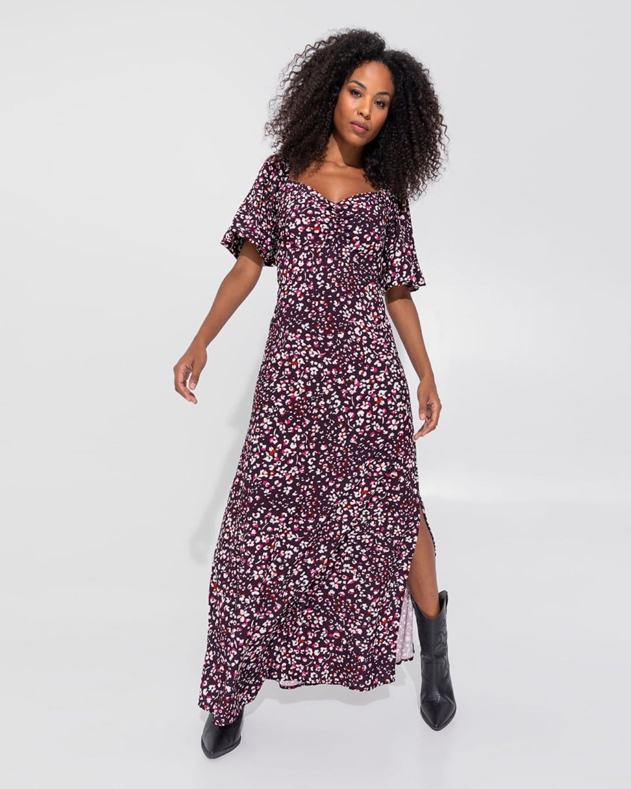 Vestido Longo Feminino Floral Manga Balonê Em Viscose
