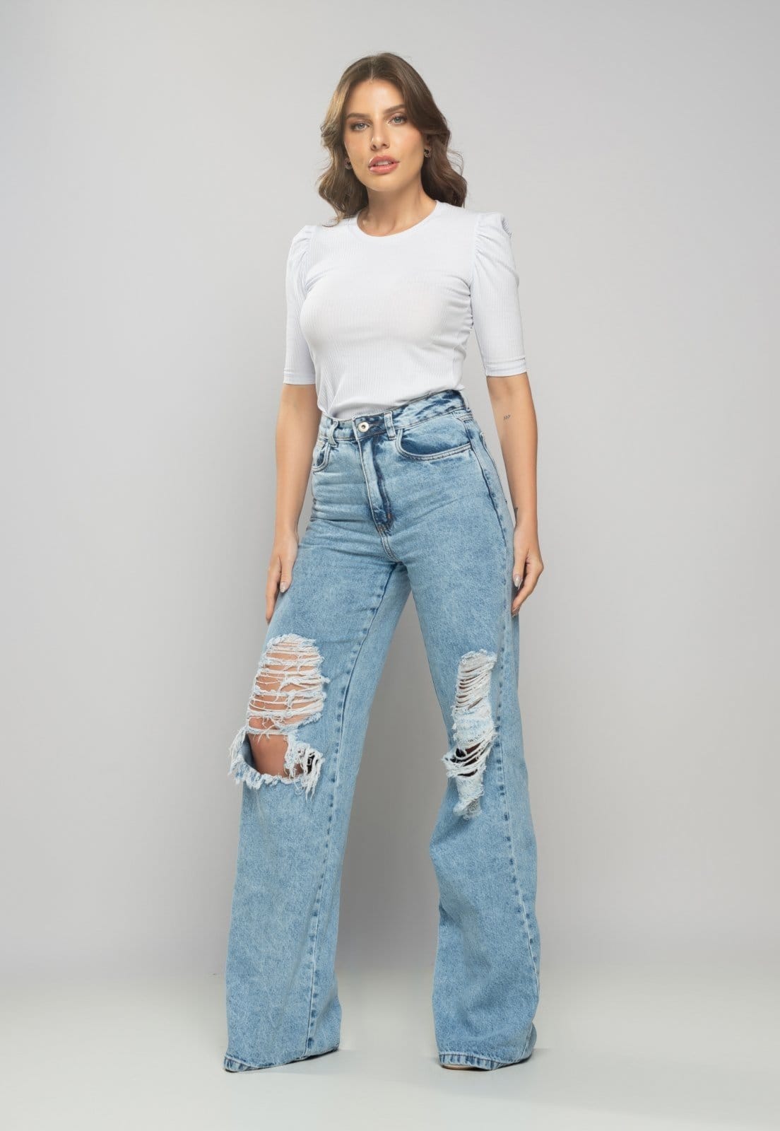 Vista 2 Blusa Salvatore Princesa Decote Redondo Canelada Branca Salvatore Fashion branco