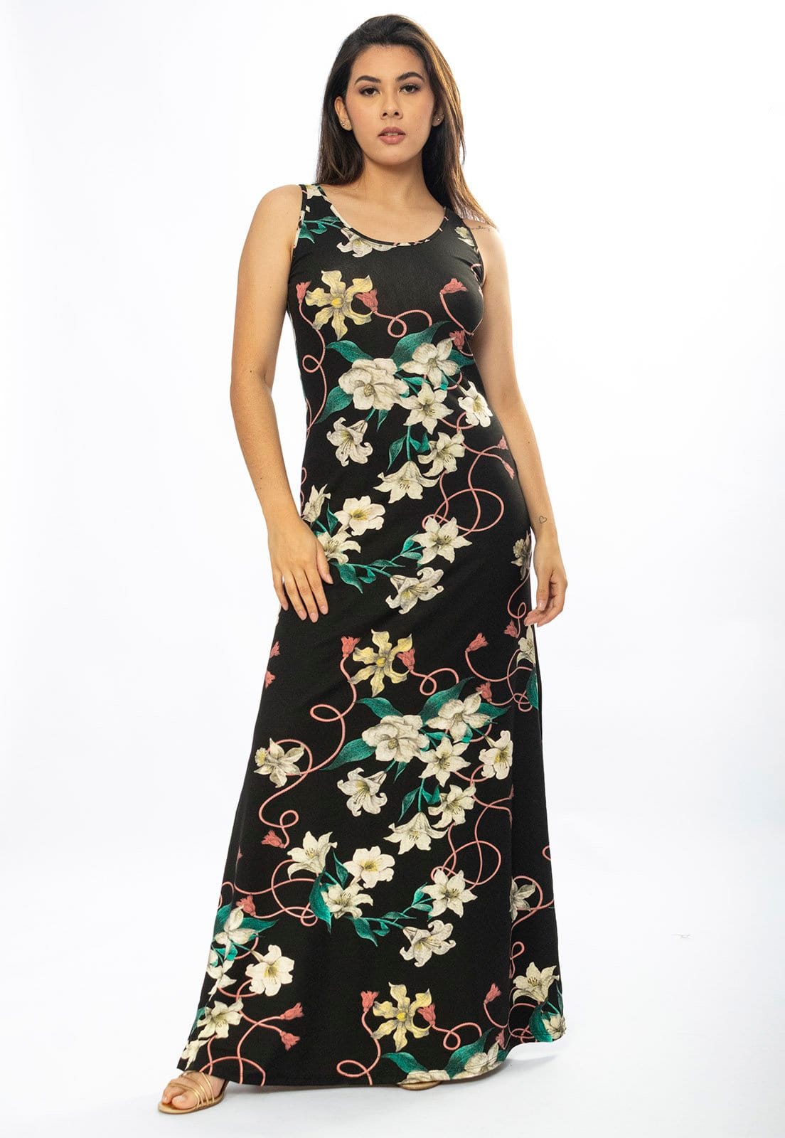 Vista 2 Vestido Longo Cabanafree Butiá Malha Regata Estampa Flores Ébano Cabanafree amarelo/estampado/off-white/verde