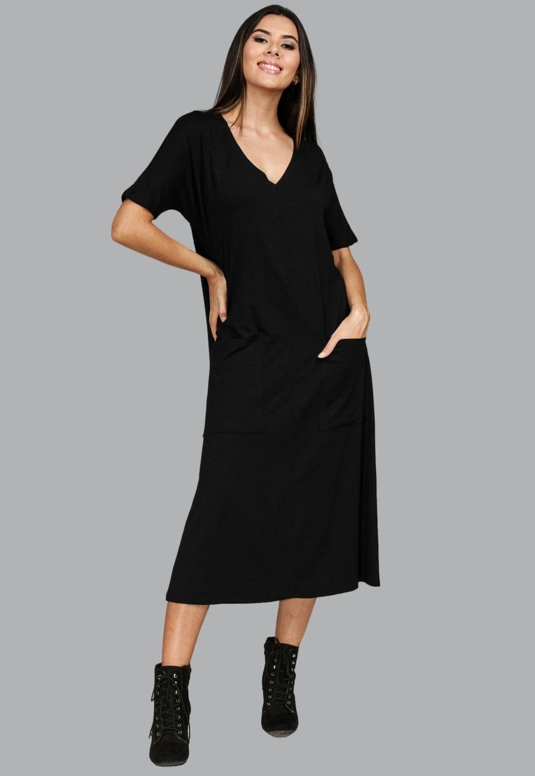 Vista 2 Vestido Midi Reto Malha com Bolso na Frente Amazonia Vital Amazonia Vital preto