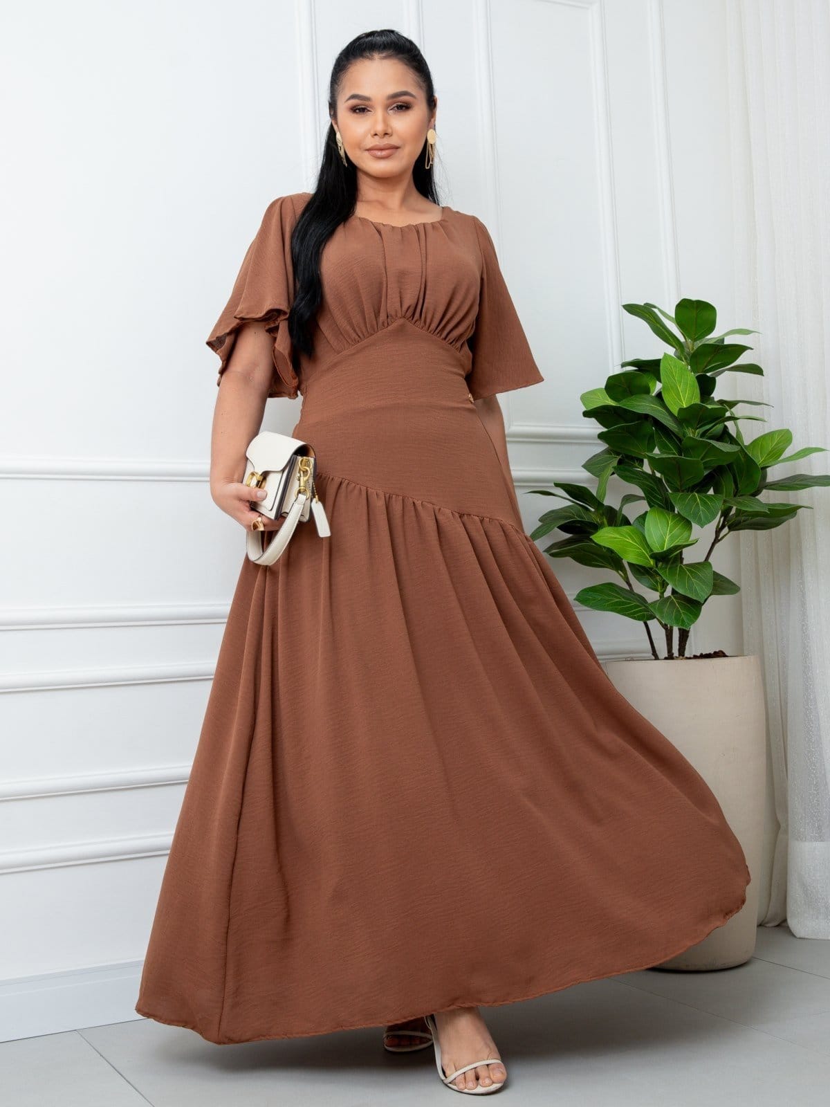 Vestido Longo Marsala Manga Fluida Decote Quadrado - Elegância e Conforto