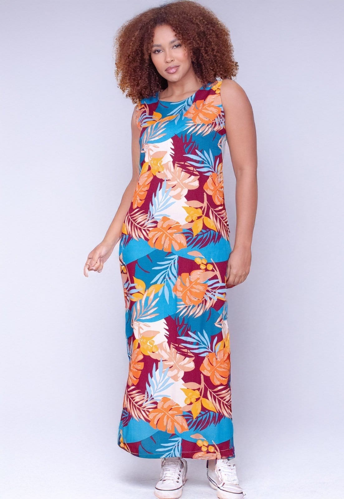 Vista 2 Vestido Longo Cabanafree Plano com Bolso Estampa Aurora Profunda Cabanafree amarelo/azul/bordô/estampado/laranja/off-white