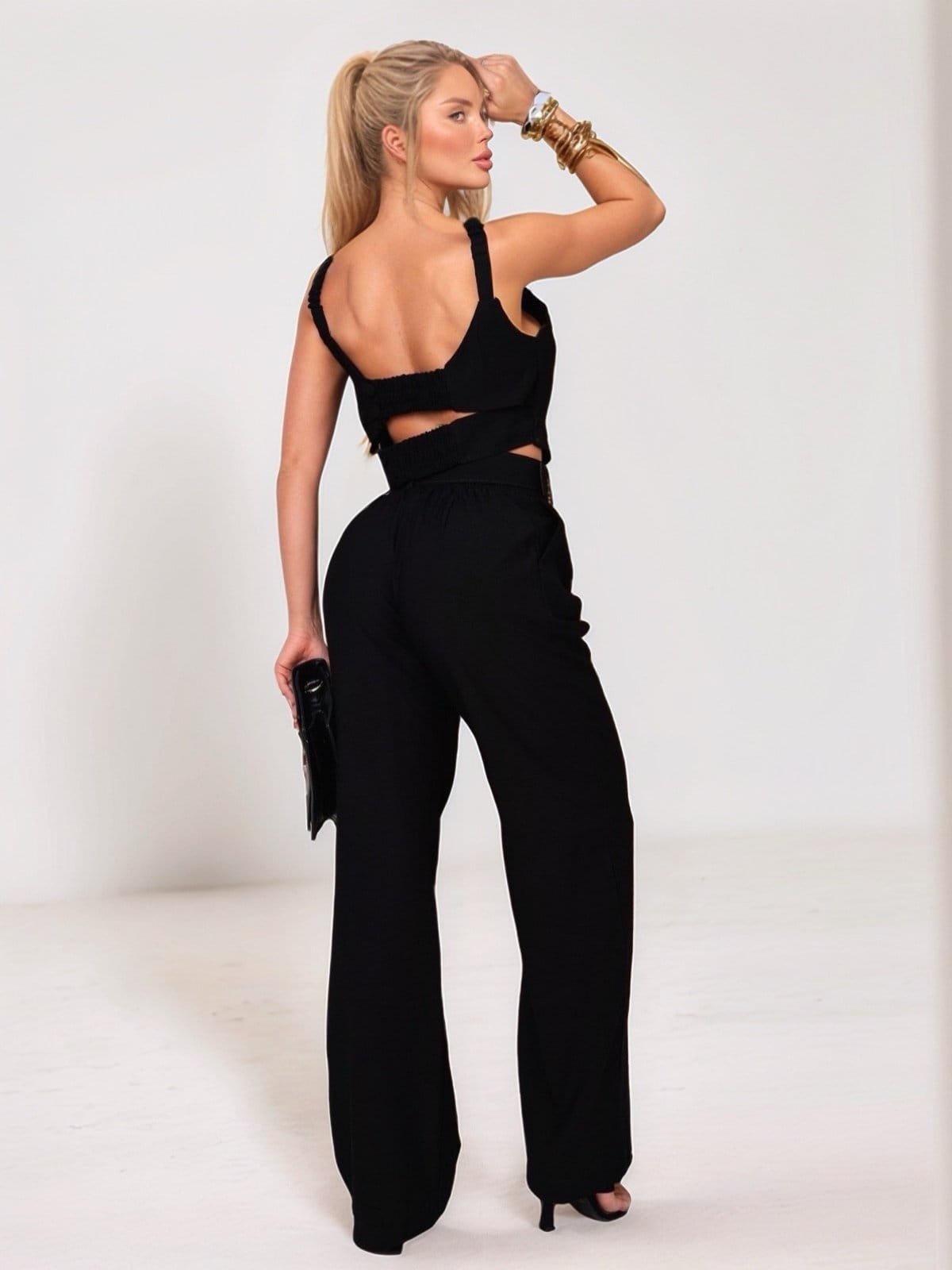 Vista 2 Conjunto Feminino Longo Tropical Fashion Cropped e Calça Cinto TROPICAL FASHION preto