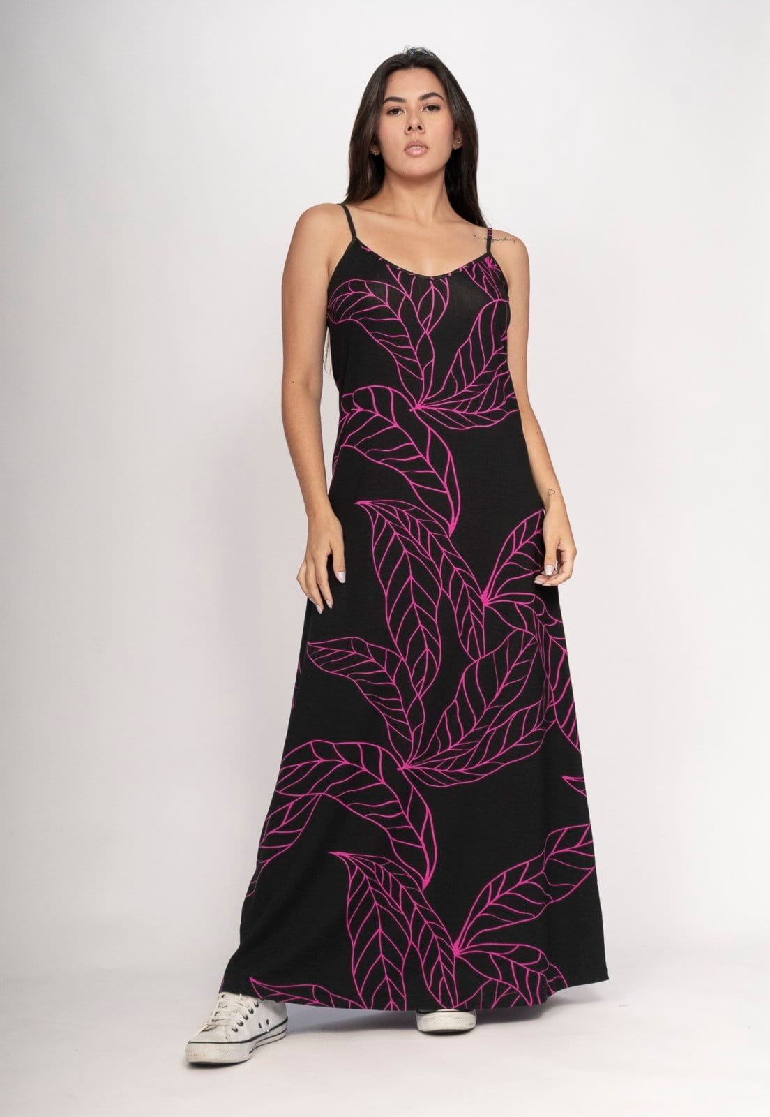 Vestido CabanaFree Guaíra Longo Malha Alça Fina Estampa Antúrios Lilás