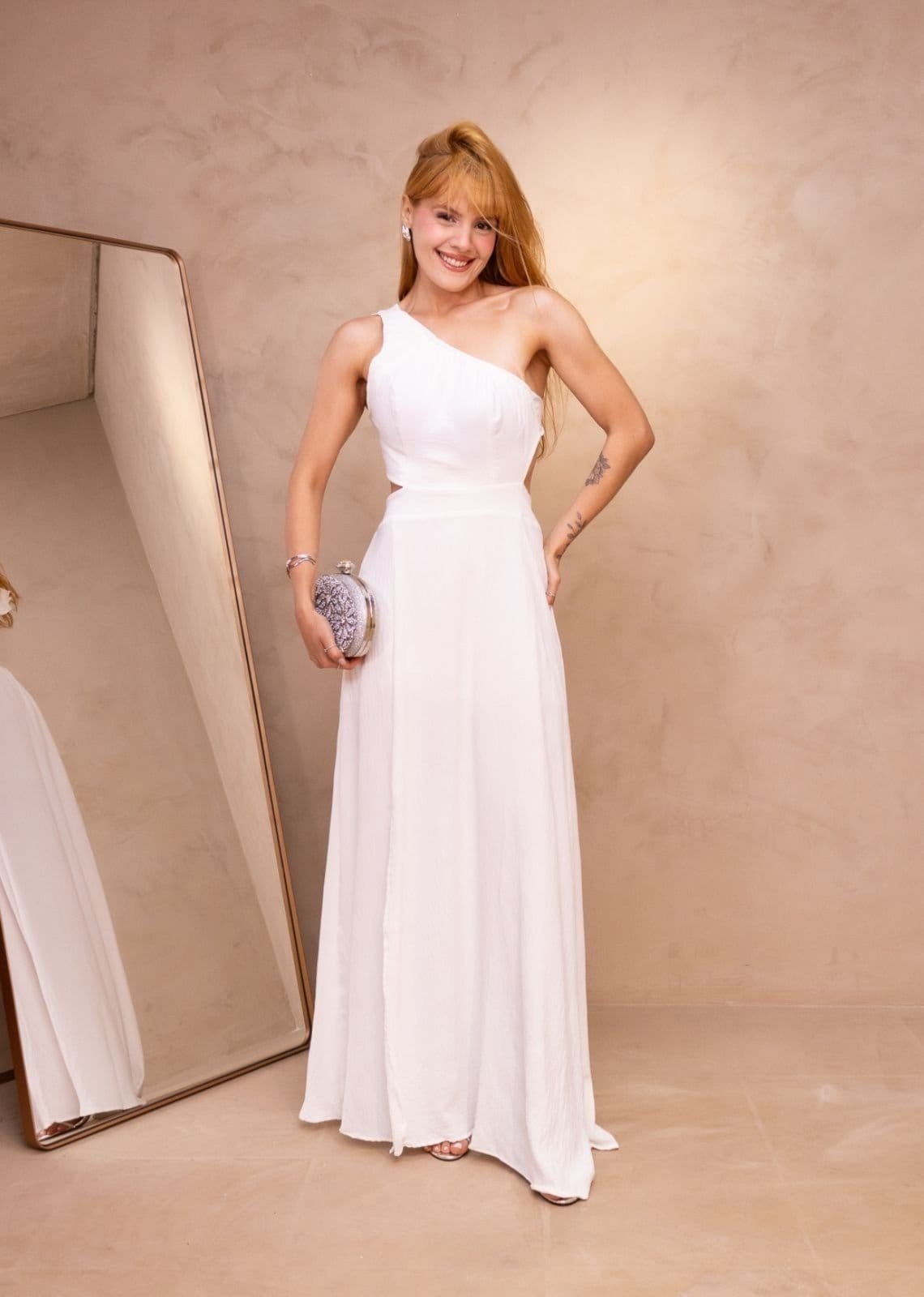 Vestido Longo um Ombro Abertura Lateral com Fenda Viscose Ano Novo Réveillon Onirês