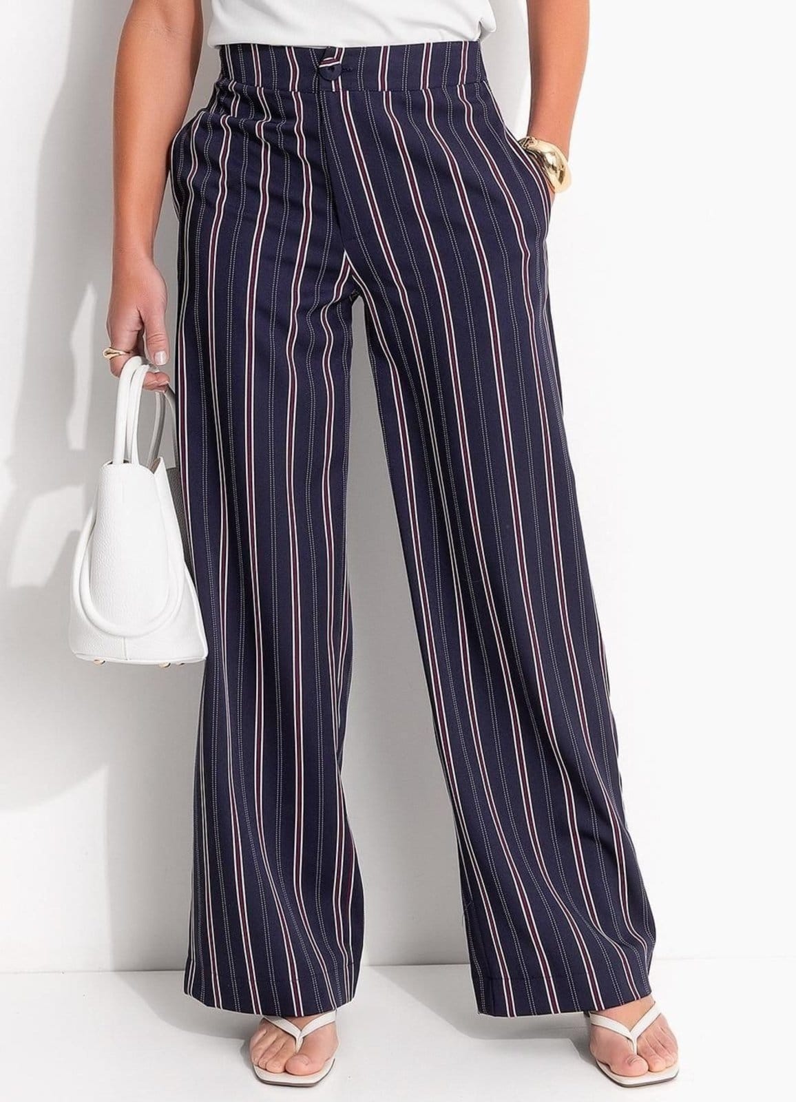 Calça Em Poliéster Com Elastano Listrado Marinho