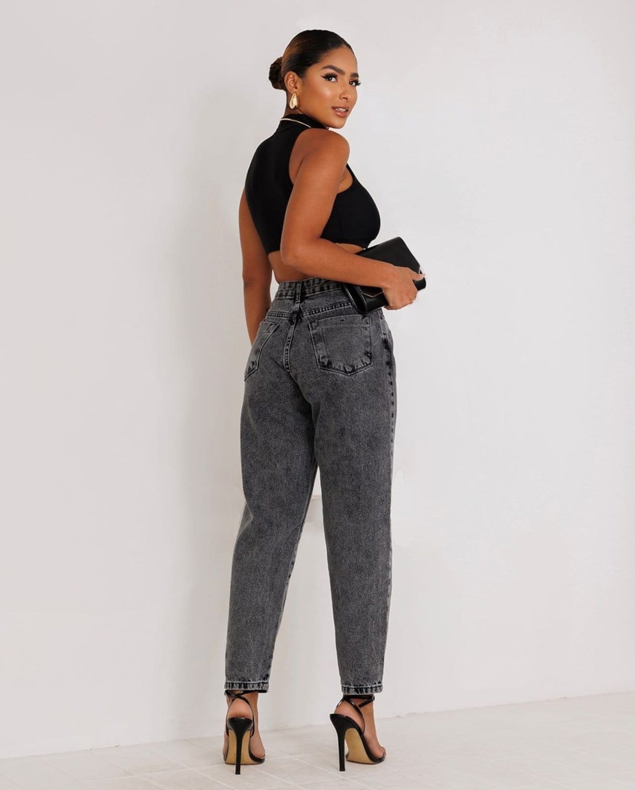 Vista 2 Calça Jeans Mom Feminina Cintura Alta Algodão 00101 Vintage Consciência cinza