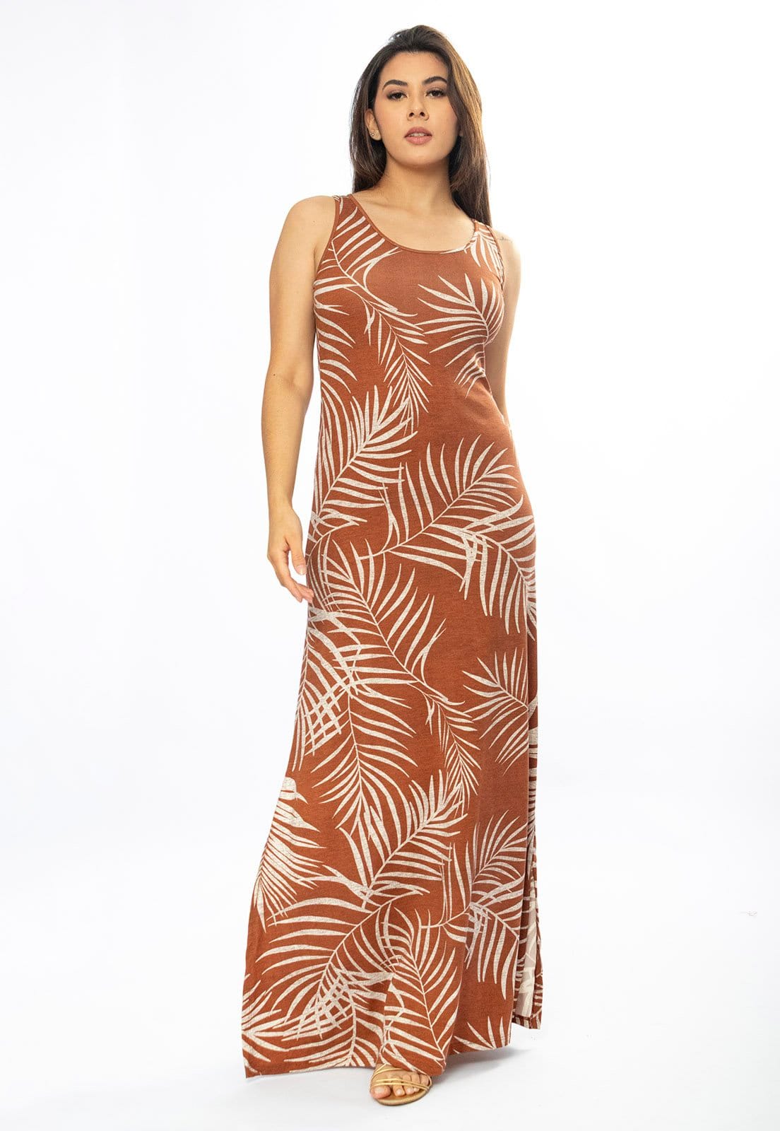 Vista 2 Vestido Longo Cabanafree Butiá Malha Regata Estampa Palmas da Terra Cabanafree estampado/off-white
