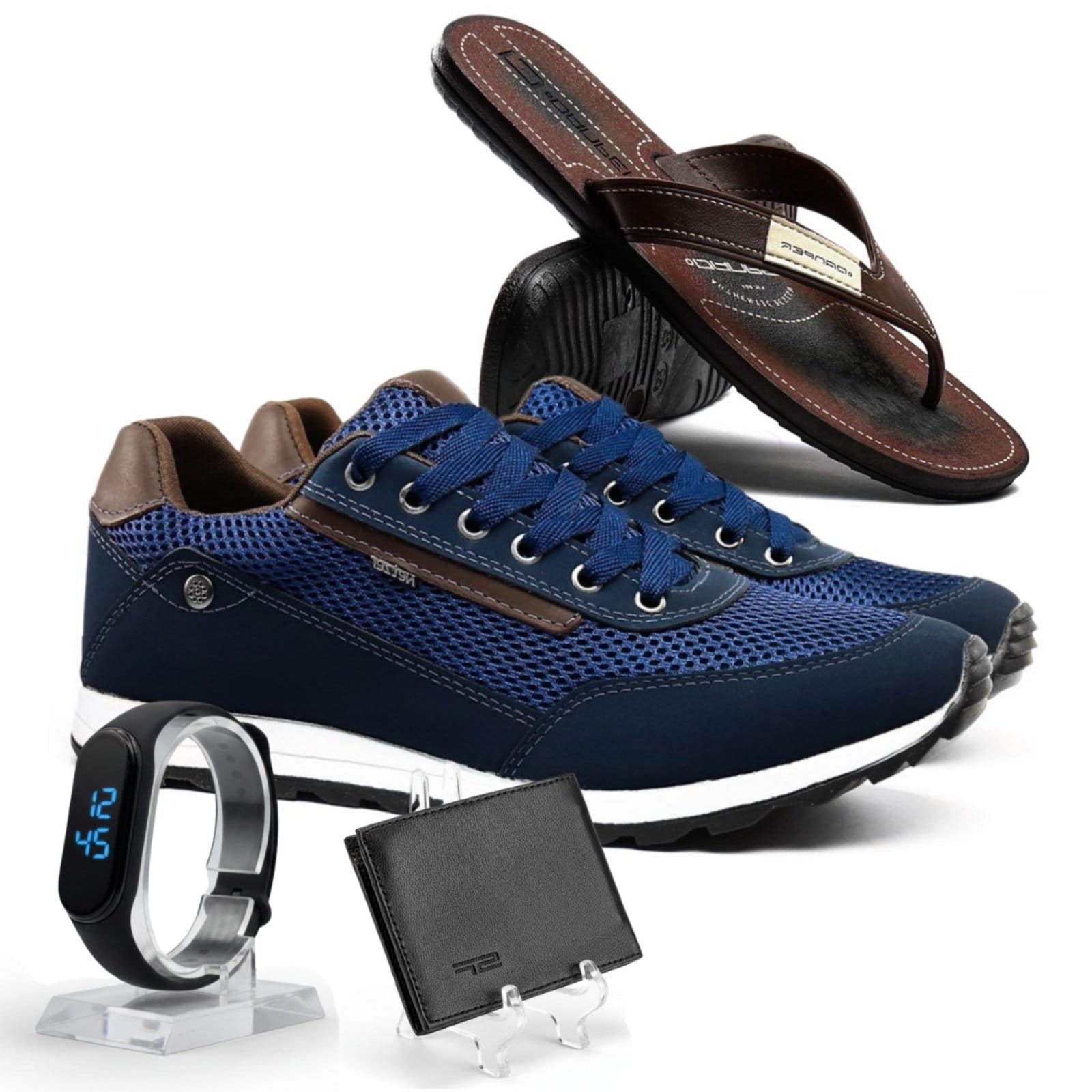 Kit Tênis Masculino Casual Jogging + Chinelo Danper + Carteira + Relógio Digital