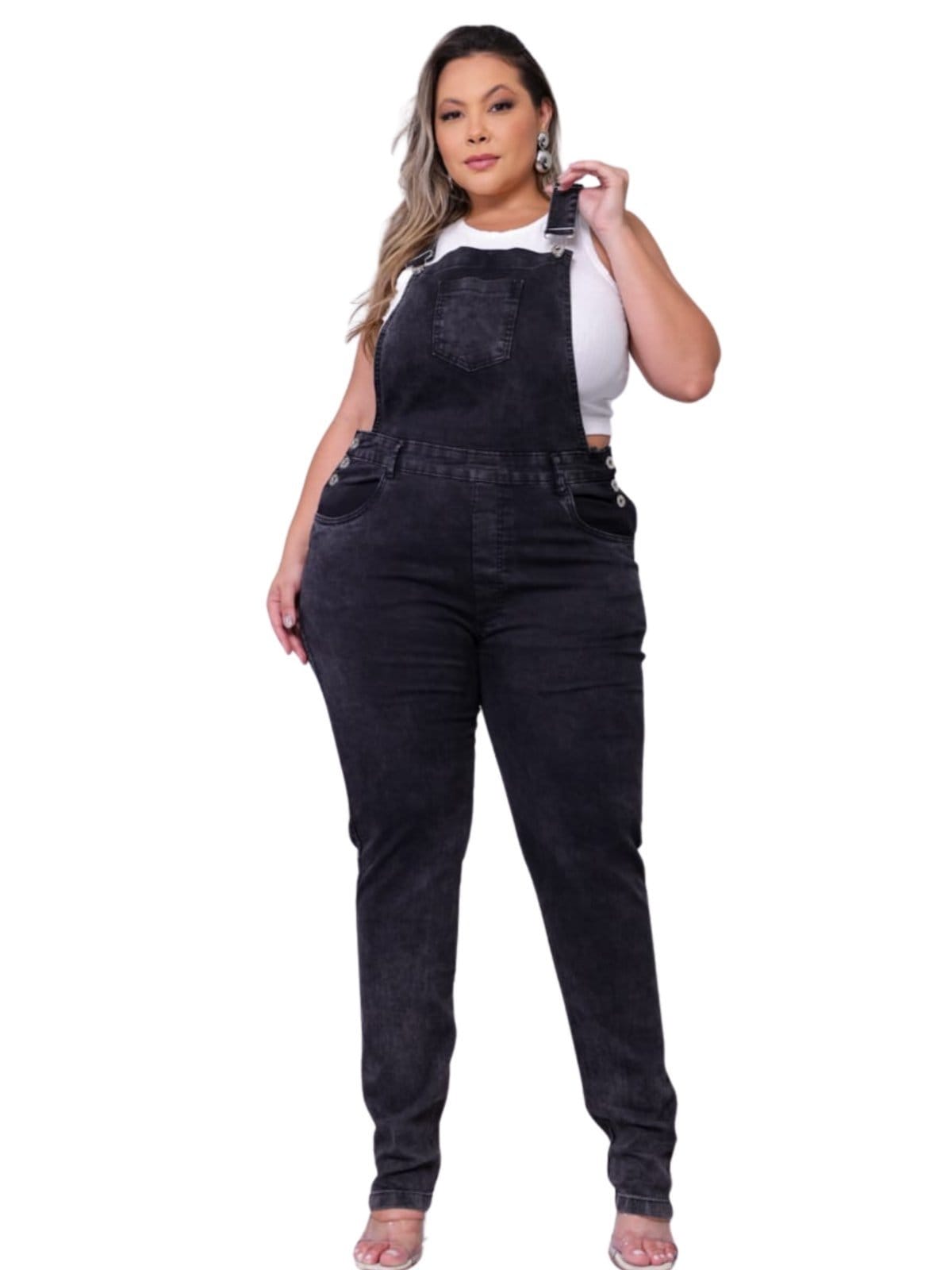 Macacão Jardineira Feminina Jeans Light Plus Size Preto Jeans