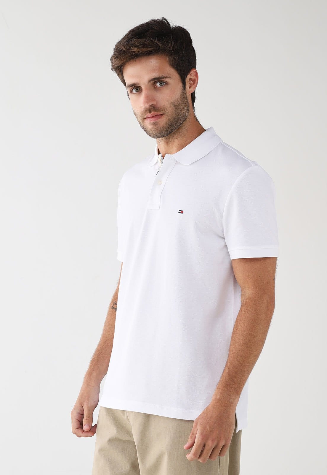 Camisa Polo Masculina Tommy Hilfiger Pique Placket IN Branca