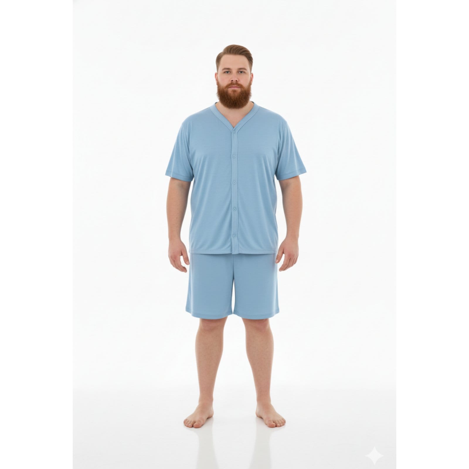 Vista principal Pijama Americano Curto Masculino Aberto Plus Size Adulto Verão Calor Malha Fria Manga Curta G1 G2 G3 G4 48 50 52 Conforto Botão Abotoado Homen Mechler Claro Celeste Mechler azul