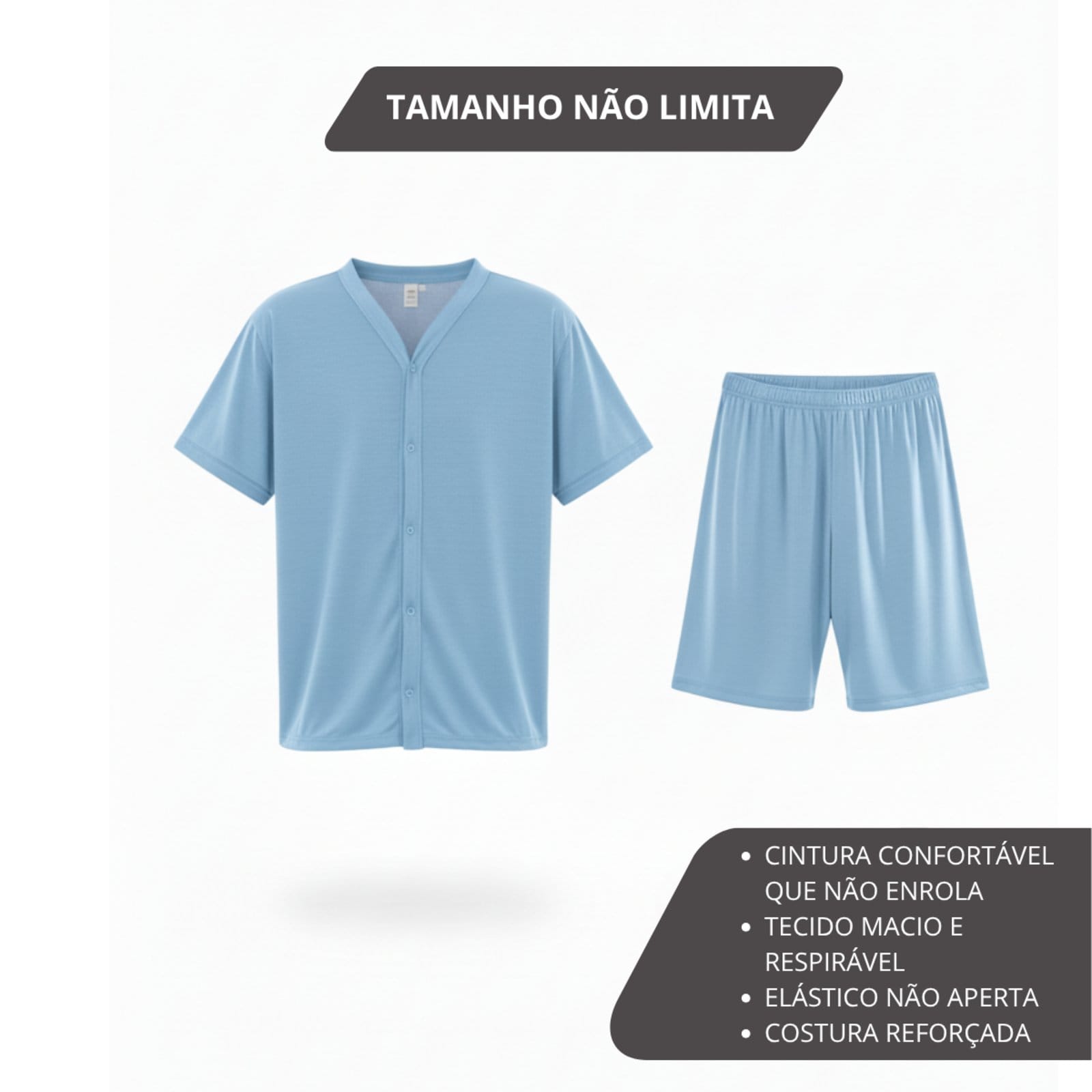 Pijama Americano Curto Masculino Aberto Plus Size Adulto Verão Calor Malha Fria Manga Curta G1 G2 G3 G4 48 50 52 Conforto Botão Abotoado Homen Mechler Claro Celeste - 2