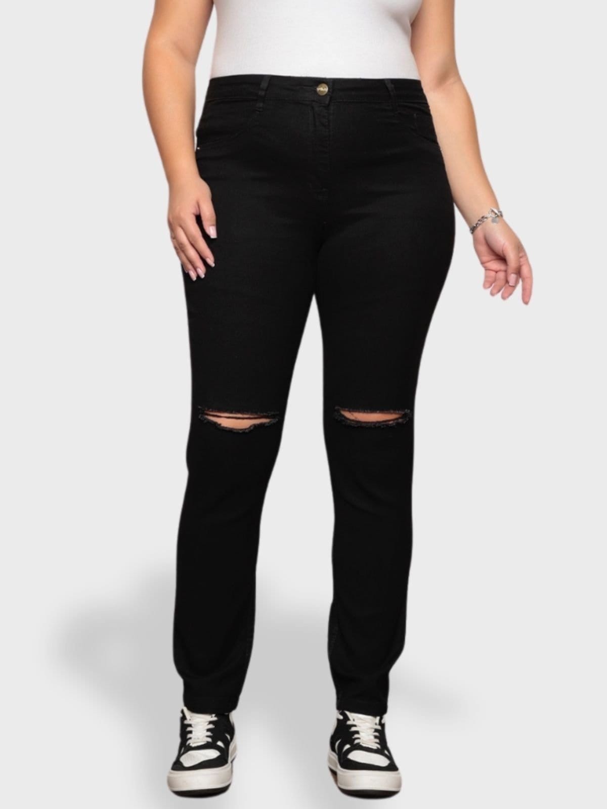 Calça Jeans Plus Size Rasgada Feminina Preta Estilo Moderno Ajuste Confortável