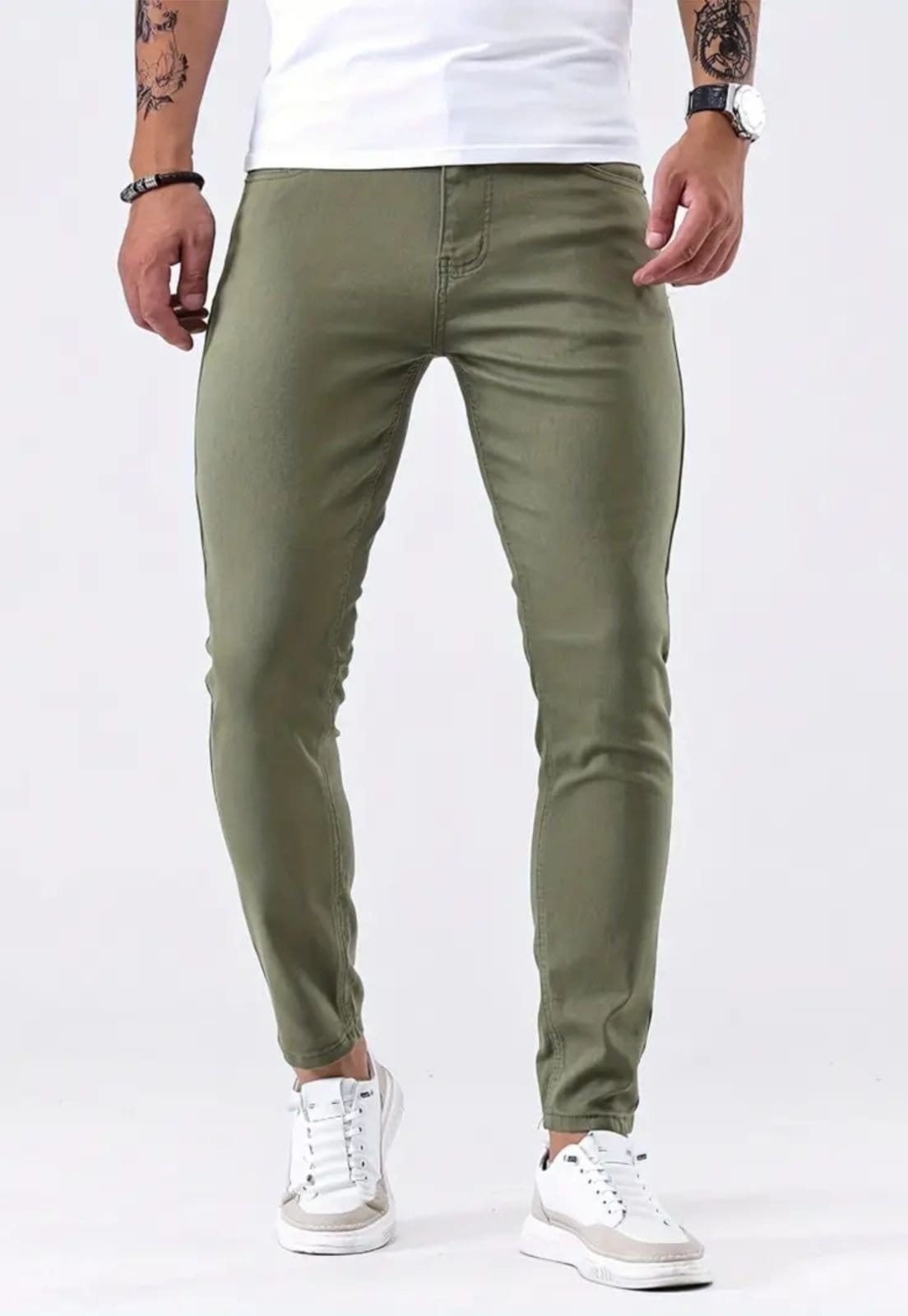 Vista 2 Calça Masculina Tempo Hábil Sarja Alfaiatada Skinny com Elastano 5 Estilo verde