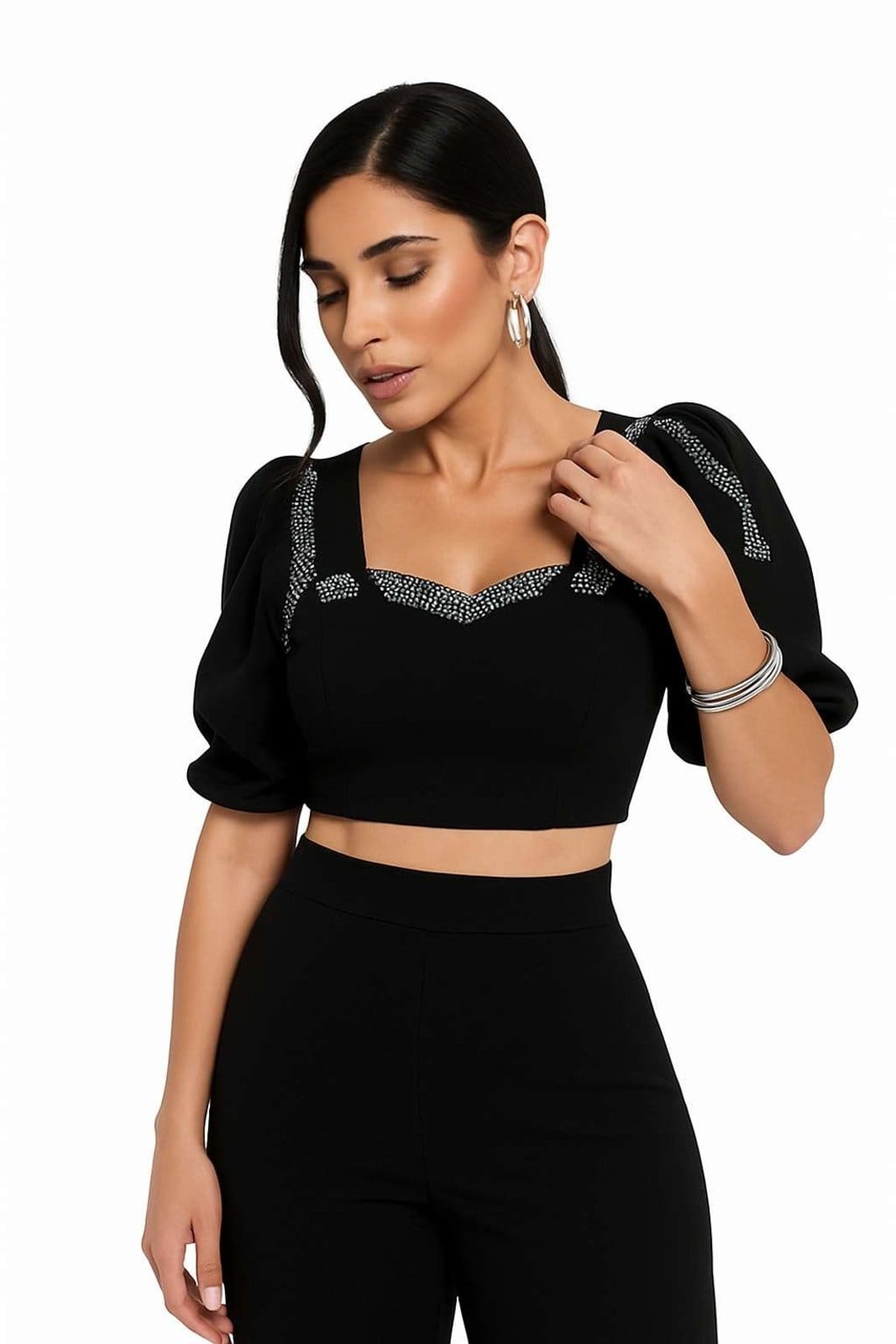 Conjunto Calça Pantalona e Cropped Manga Bufante em Preto