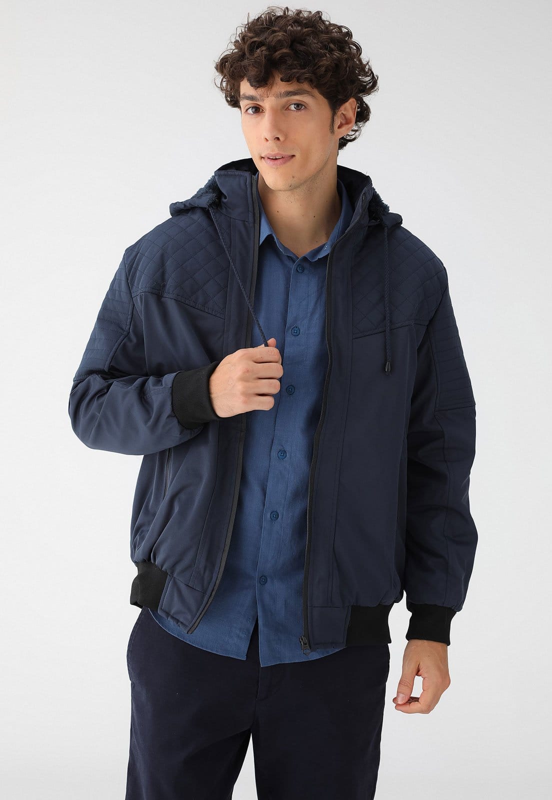 Jaqueta Sarja Broken Rules com Capuz Azul-Marinho