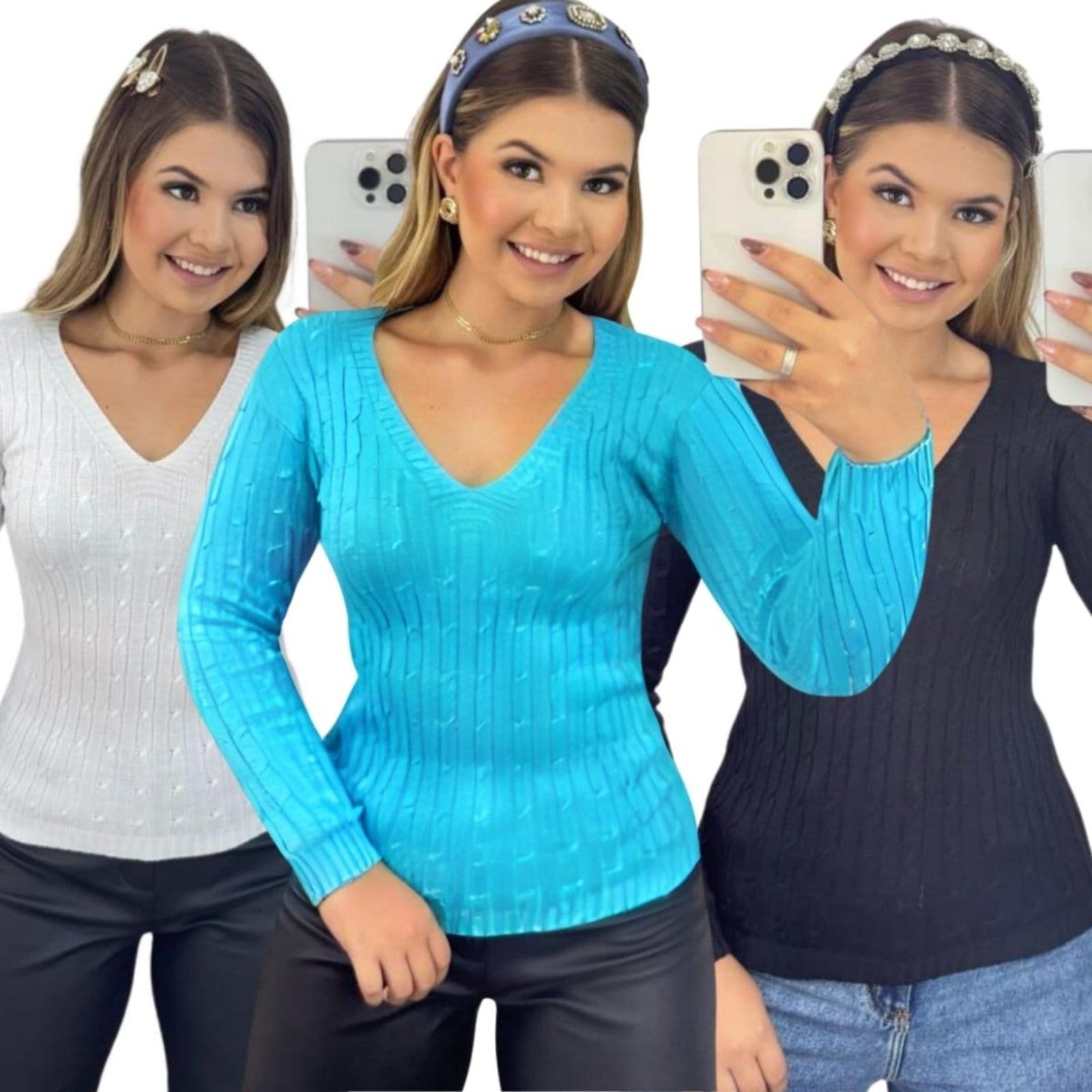 Kit 3 Blusas FMF Femininas Suéter Malha Tricô Manga Longa
