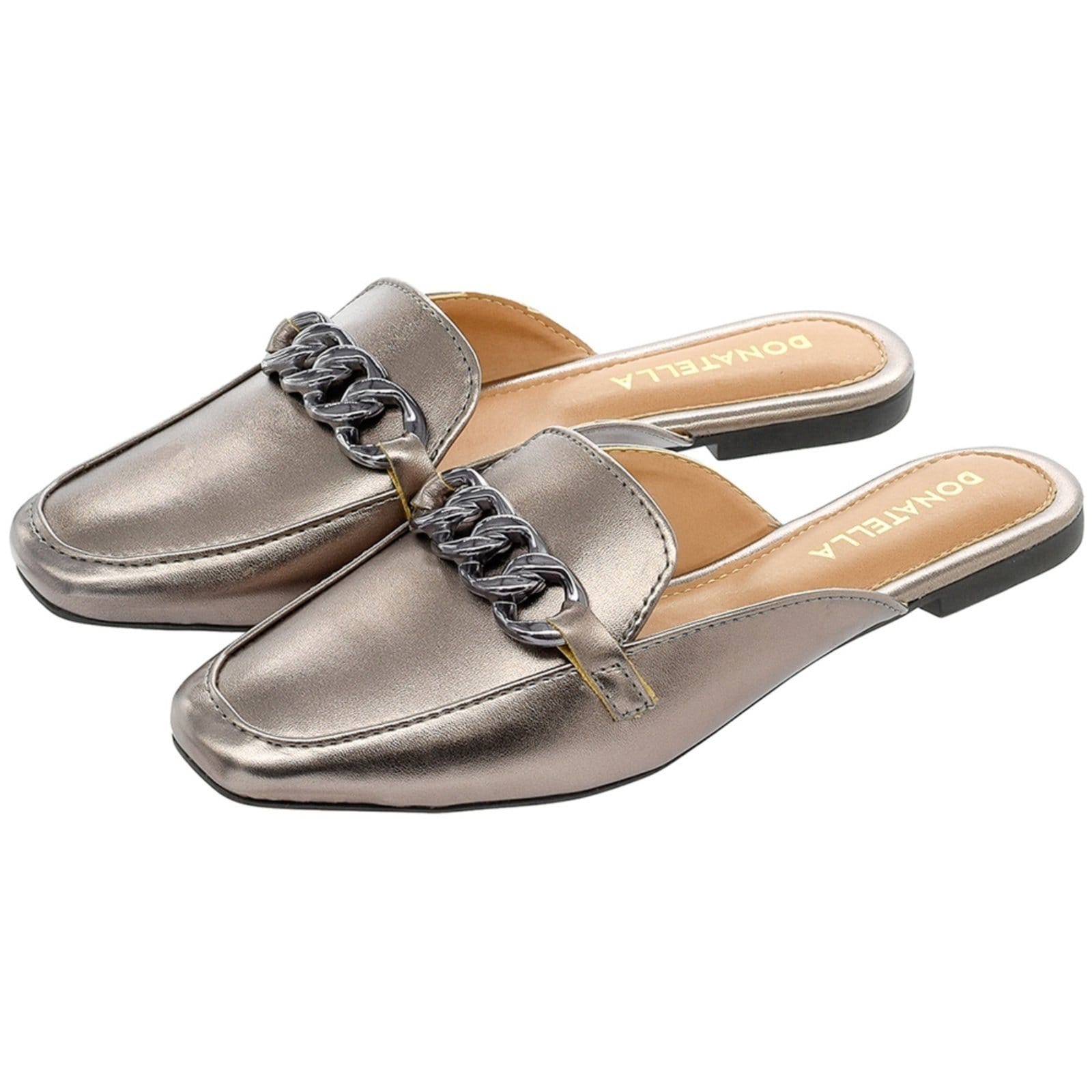 Sapato Mule Femino Donatella Shoes Bico Quarado Corrente Colorido Metalizado