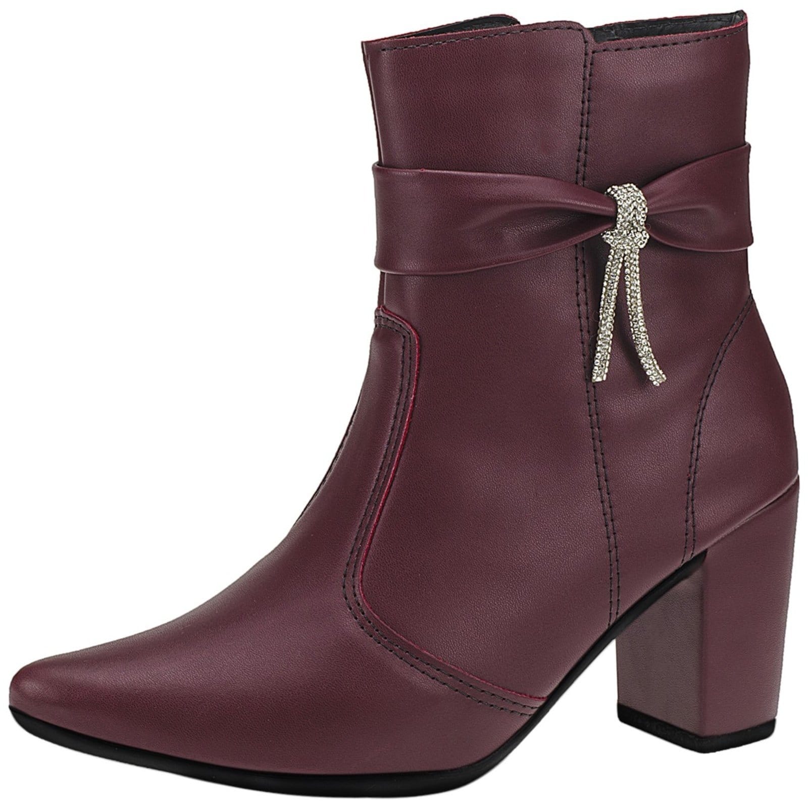 Bota Feminina Lóris Shoes Bico Fino com Zíper Lateral Cano Curto Salto com Acessório Lacinho 204 Marsala