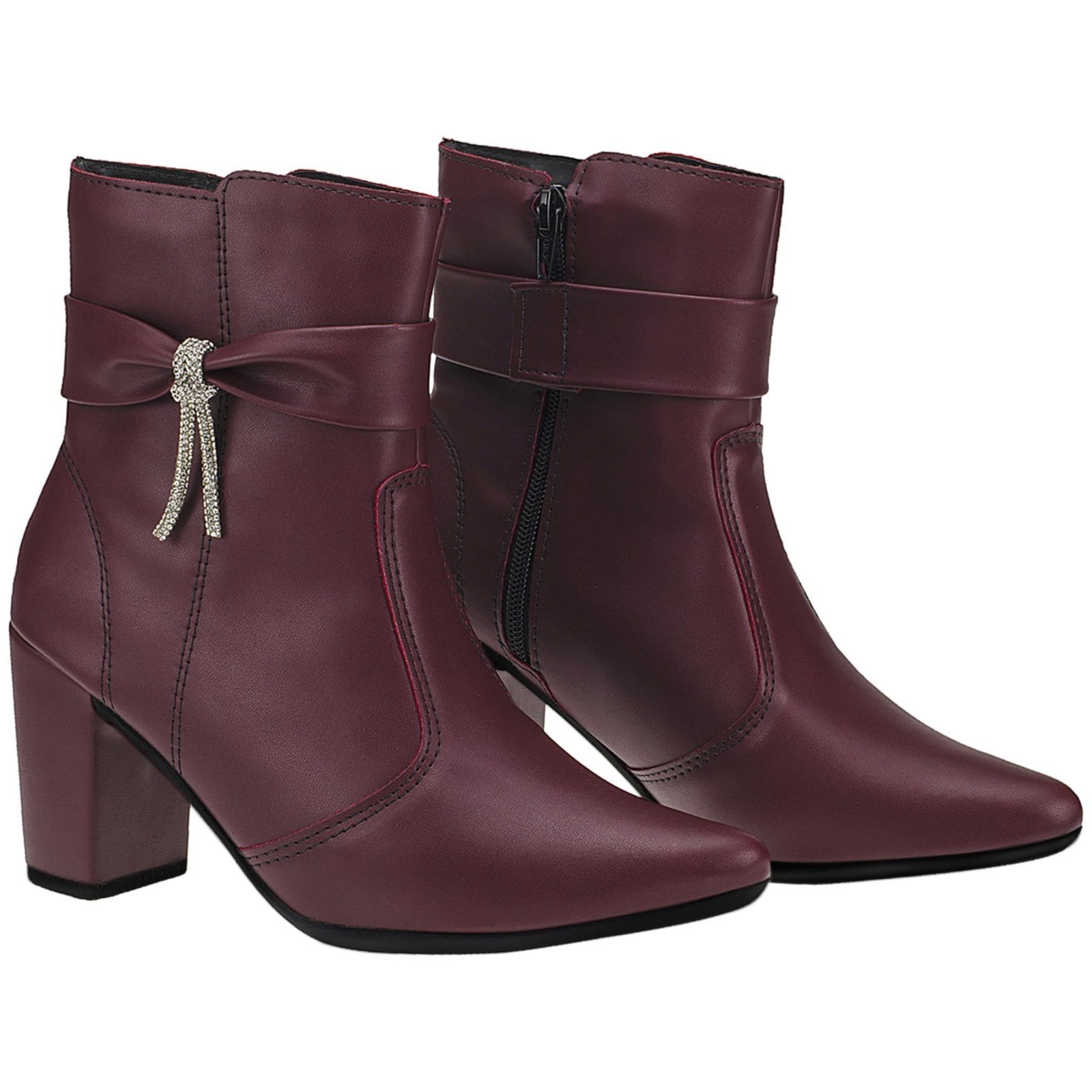 Vista 2 Bota Feminina Lóris Shoes Bico Fino com Zíper Lateral Cano Curto Salto com Acessório Lacinho 204 Marsala LÓRIS SHOES bordô/vinho