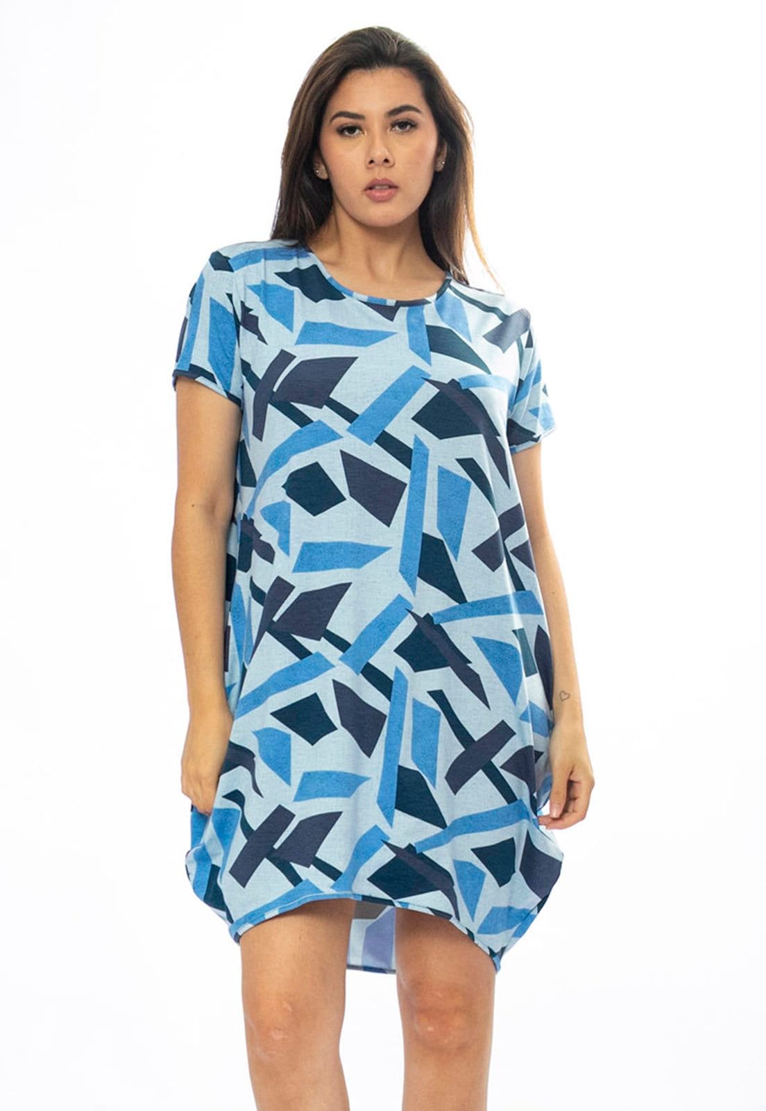 Vista 2 Vestido Curto Amazônia Vital Malha Amplo Always Estampa Caminhos de Azul Amazonia Vital azul marinho