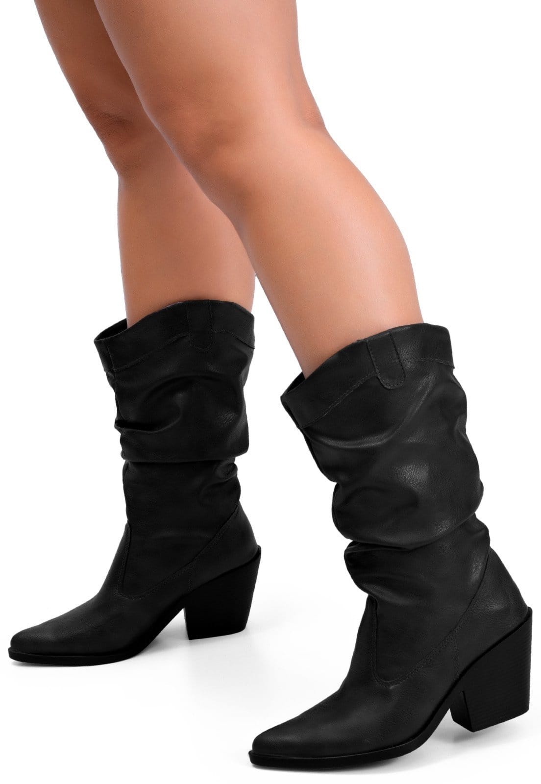 Vista 2 Bota Feminina Lumiss Western Texana Slouchy Cano Médio Salto Bloco Enrugada LUMISS preto