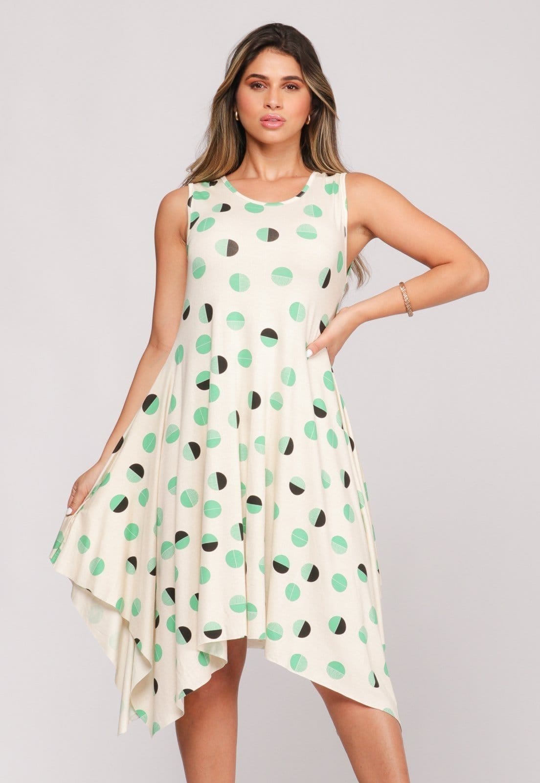 Vestido Midi Assimétrico de Alça B'Bonnie Mabel Poá Verde