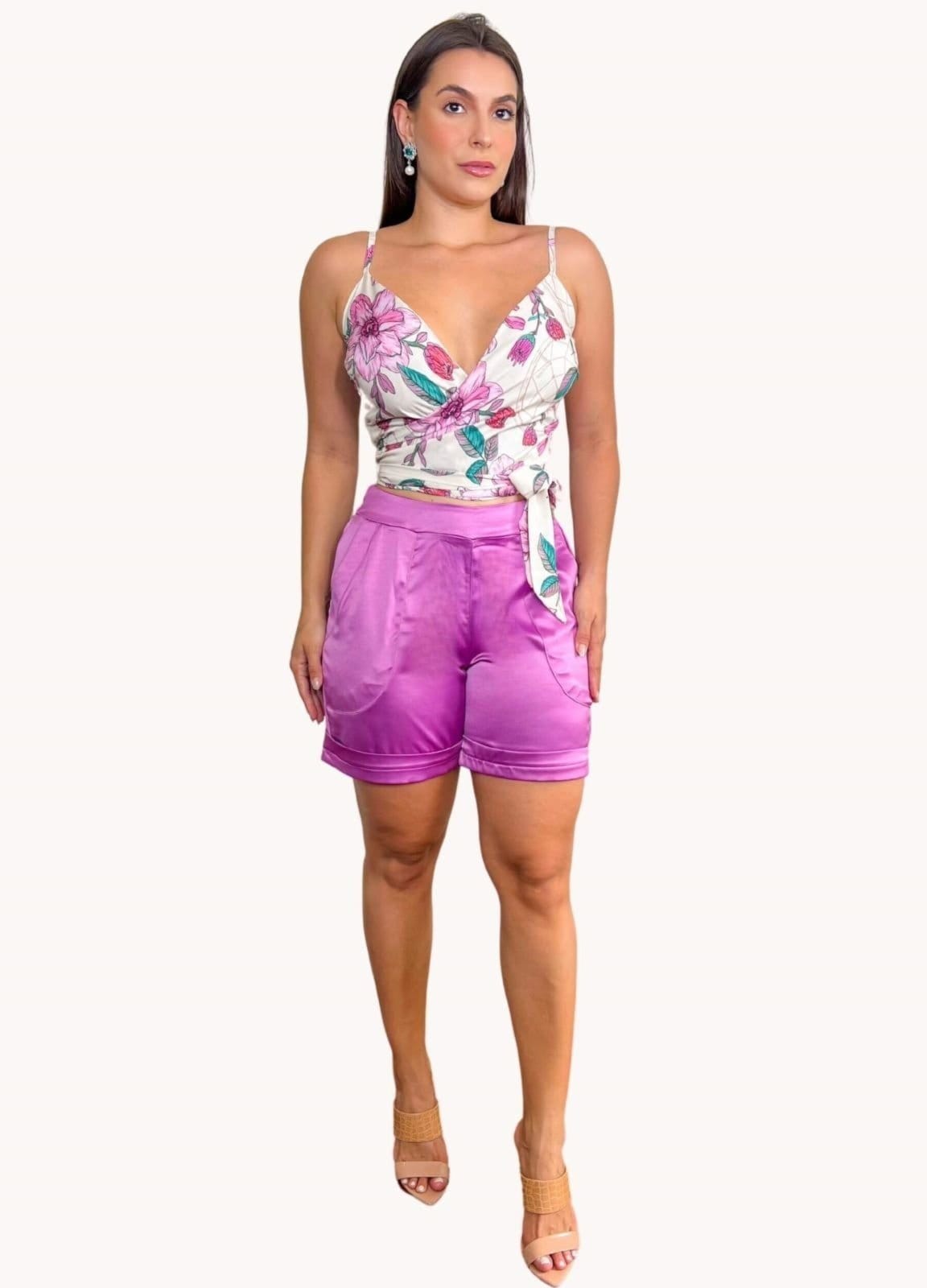 SHORT FEMININO COM BOLSO E BARRA ITALIANA Lavanda