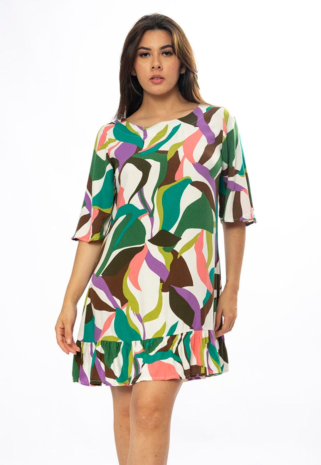 Vista 2 Vestido Curto Viscose Estampa Encanto Botânico Cabanafree azul/estampado/marrom/roxo/verde