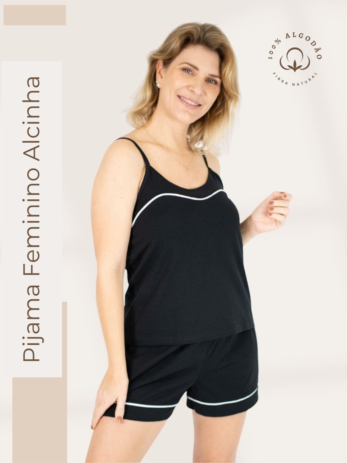 Vista 2 Pijama Algodão Piante Feminino Alcinha Sara Piante preto
