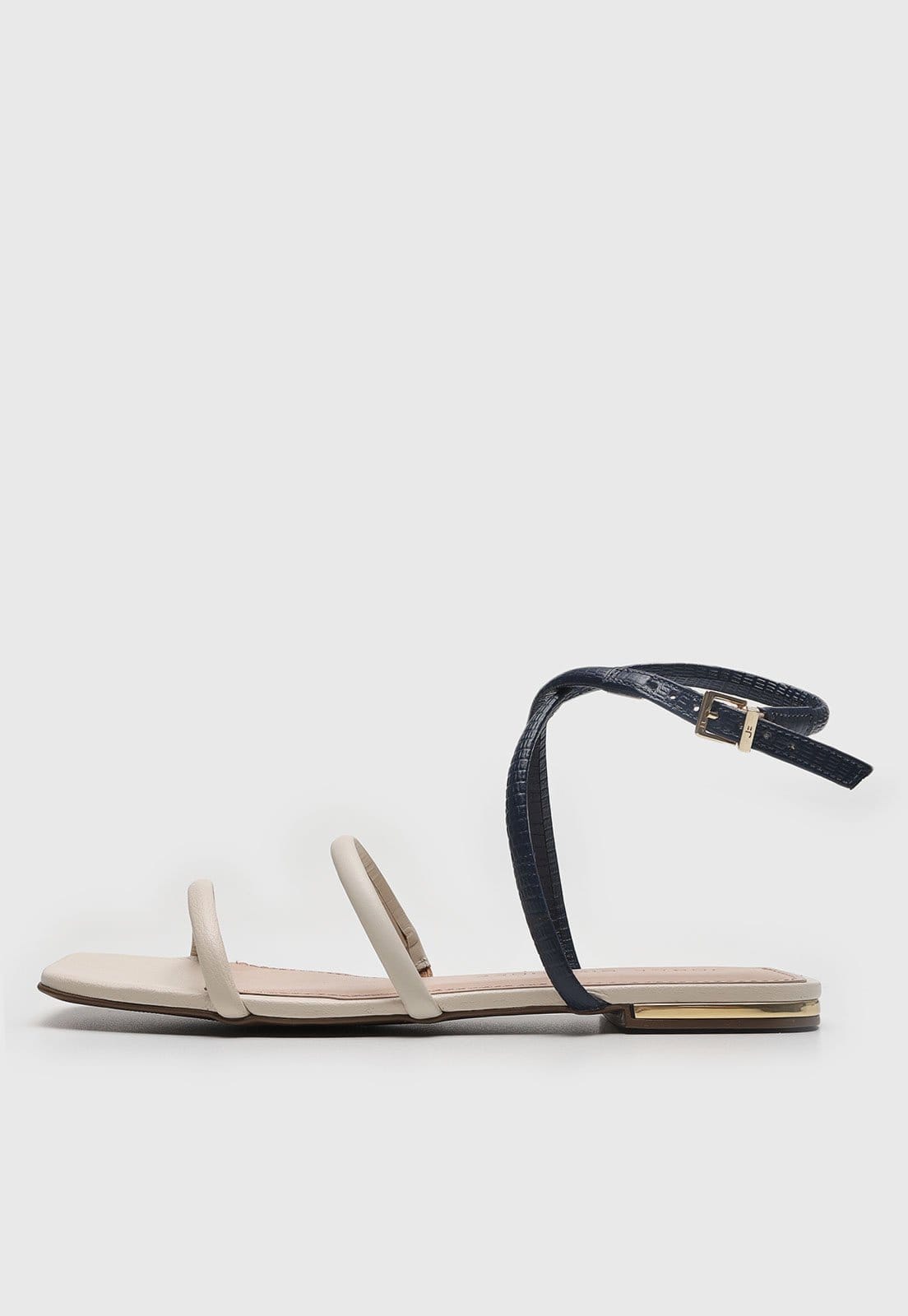 Sandália Feminina Jorge Bischoff Tiras Ponta Quadrada Azul Escuro e Off-White