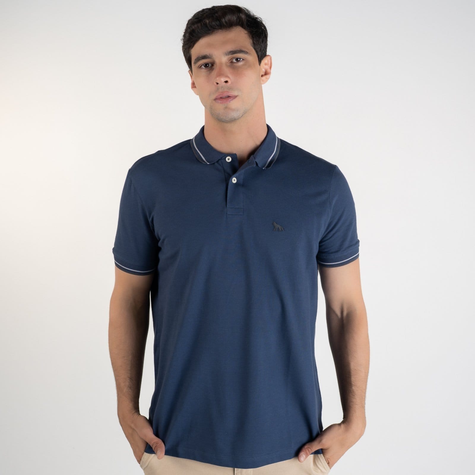 Camisa Polo Acostamento Piquet Frisos Navy