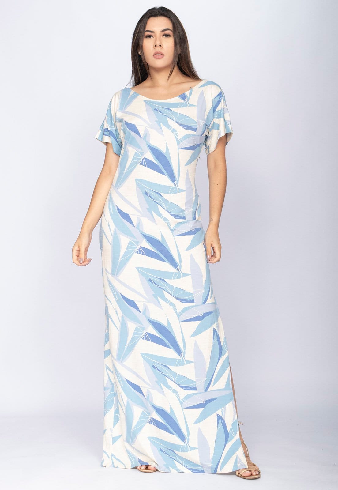 Vestido CabanaFree Longo Malha Fenda na Lateral Estampa Selvagem Blue