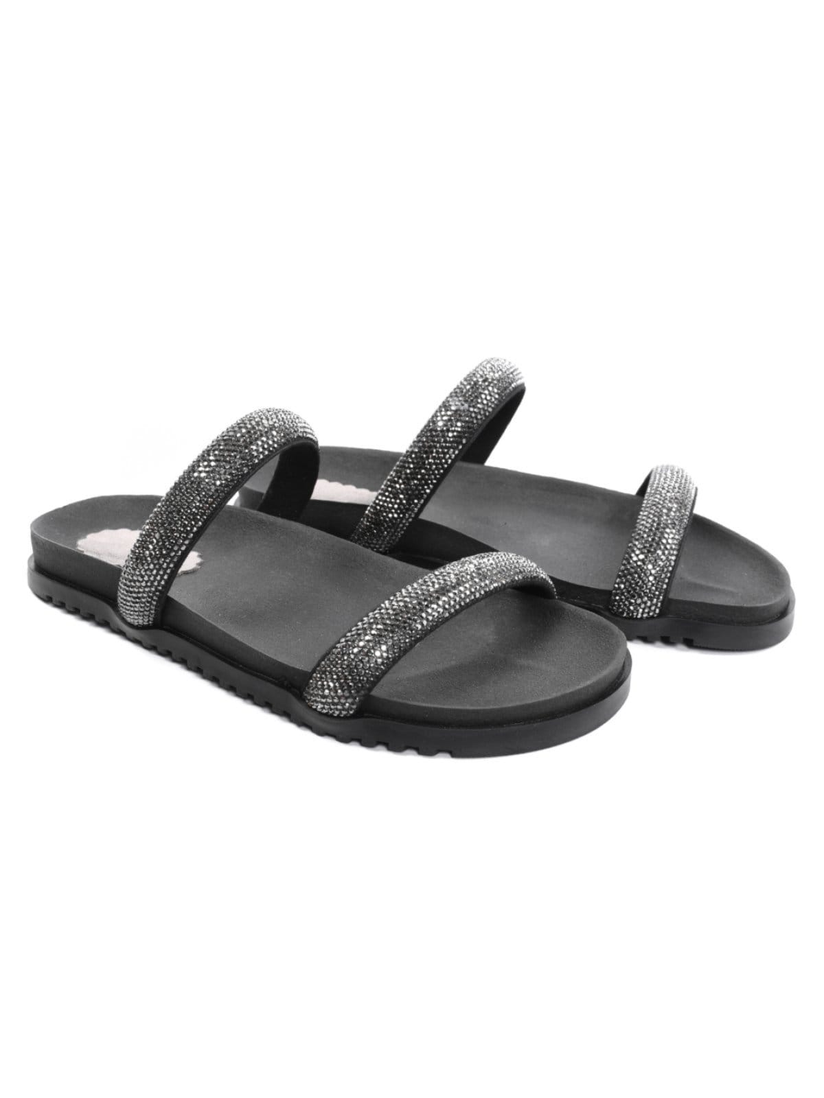 Vista 2 Papete Feminina Maria Milão tira de Strass Rasteirinha Maria Milão preto