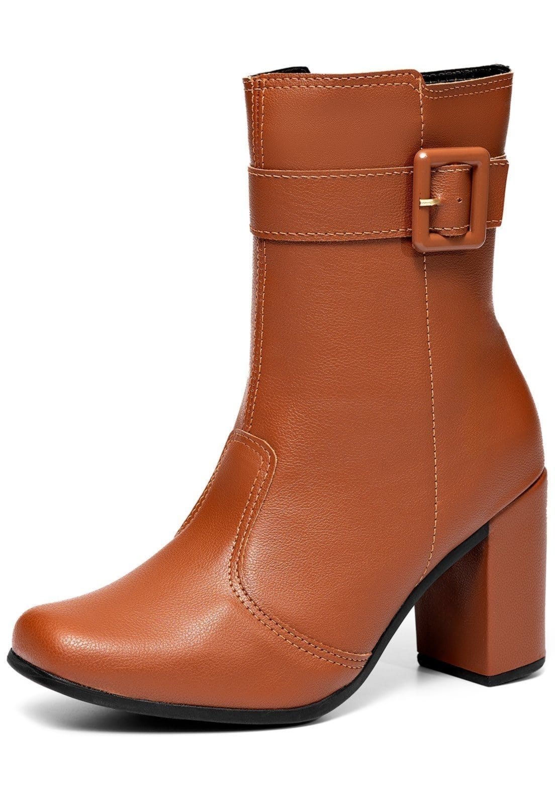 Bota Feminina Lumiss Confortável Cano Médio Salto Alto Bloco Fivela Bico Quadrado