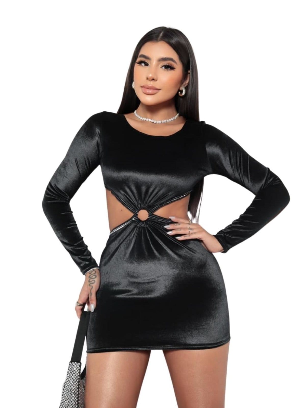 Vestido Veludo Abertura Curto Manga Longa