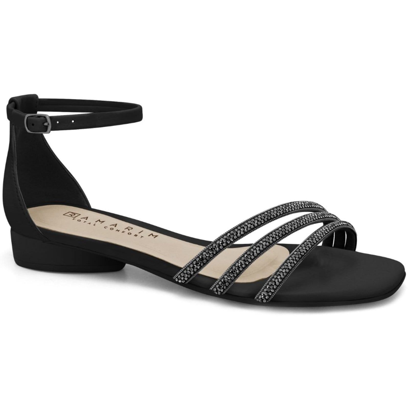 Sandália Feminina Rasteira Tiras Strass Preta Ramarim 2423208-7