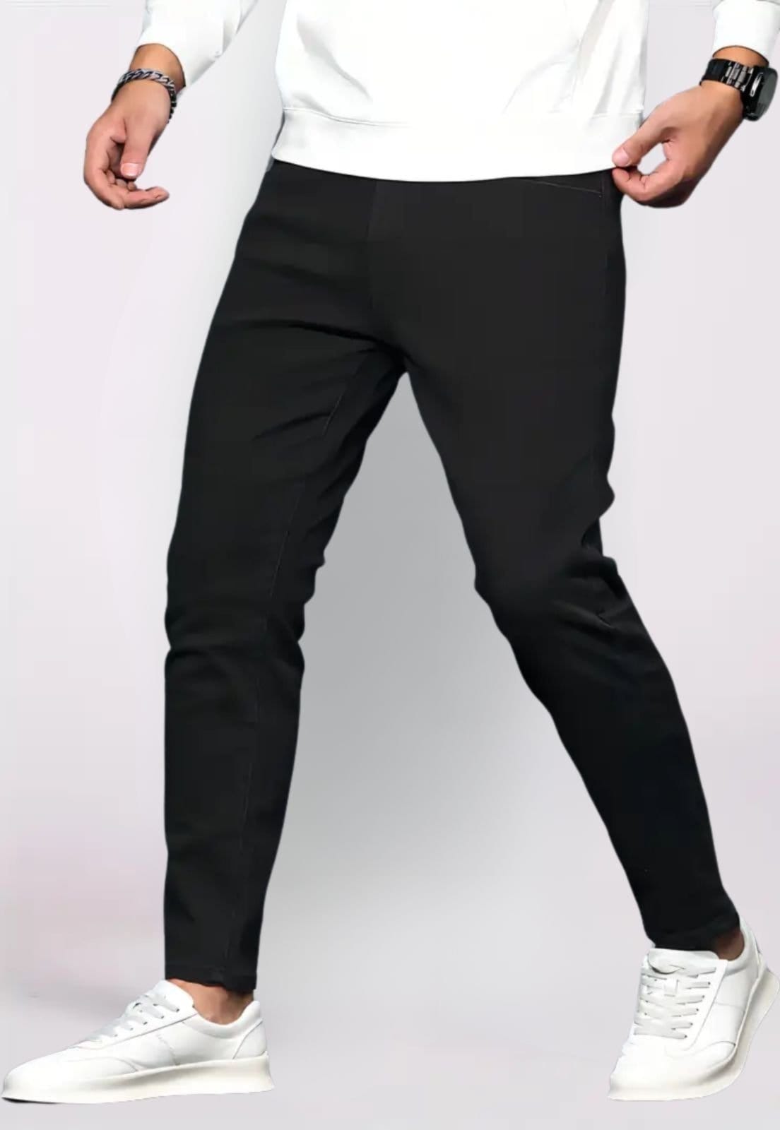 Vista 2 Calça Masculina Tempo Hábil Sarja Alfaiatada Skinny com Elastano Preta 5 Estilo preto/vinho