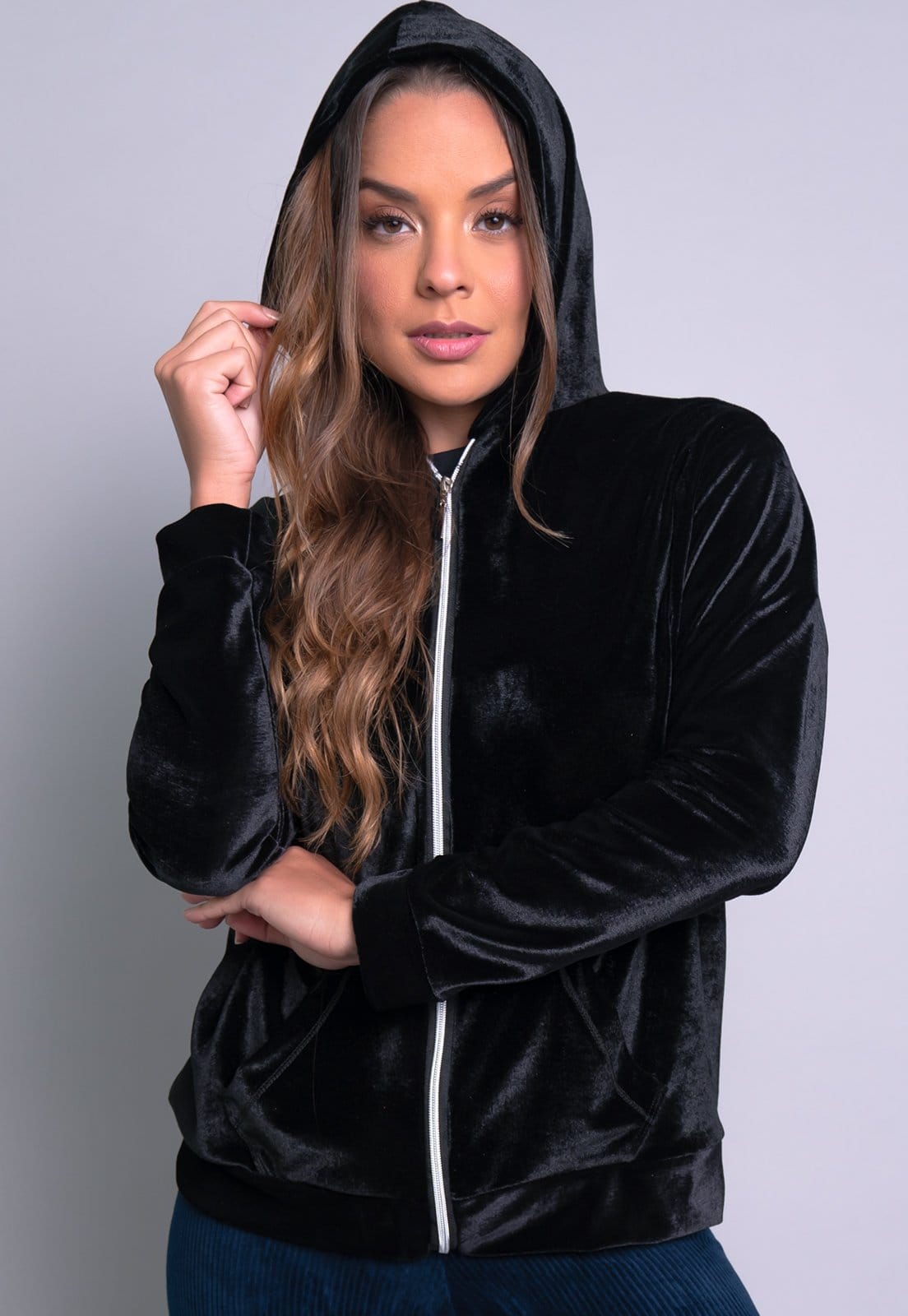Casaco MVB Modas Jaqueta Veludo Molhado Zíper Capuz Inverno